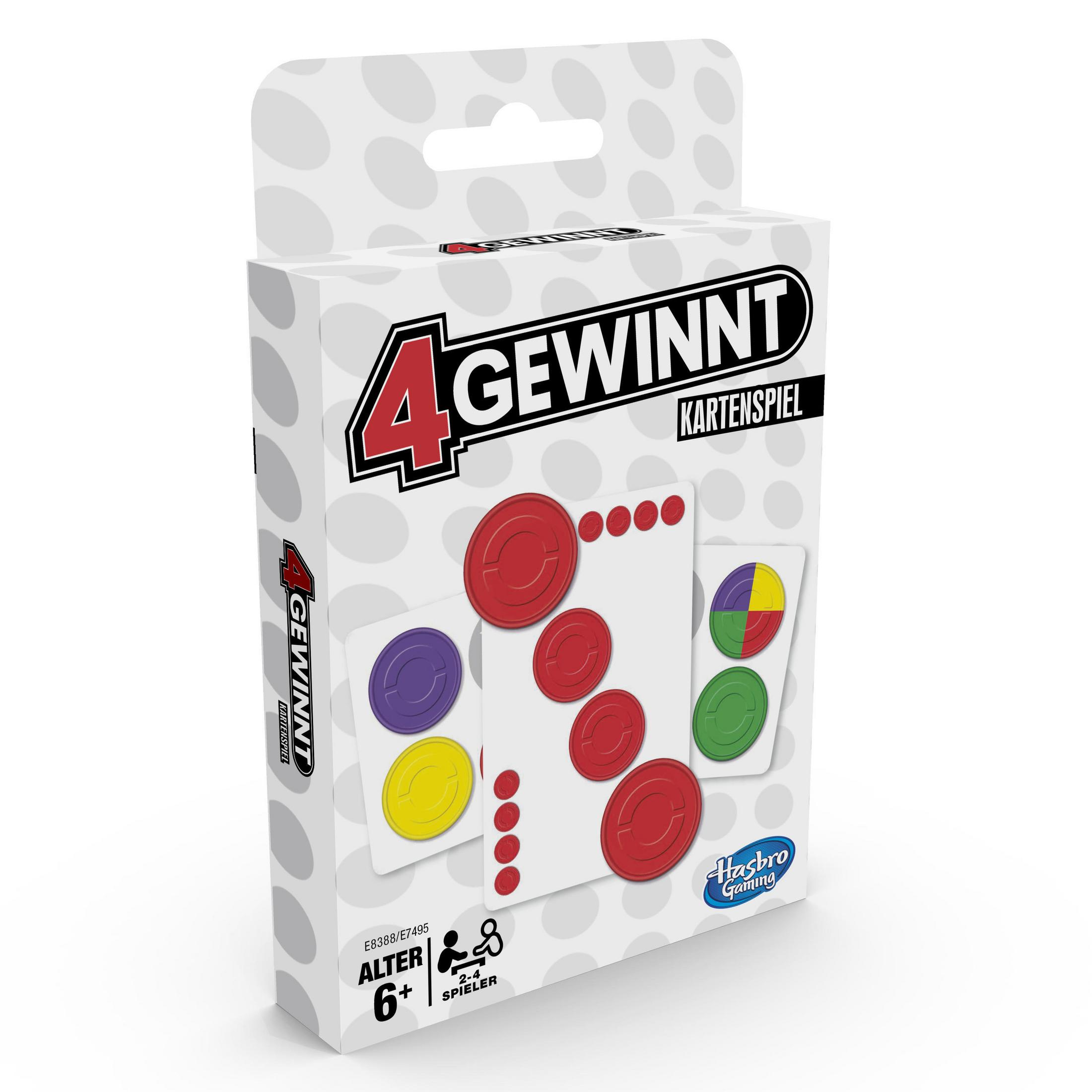 4 Gewinnt Kartenspielbox. Karten mit verschiedenfarbigen Kreisen und 4 Gewinnt Logo.