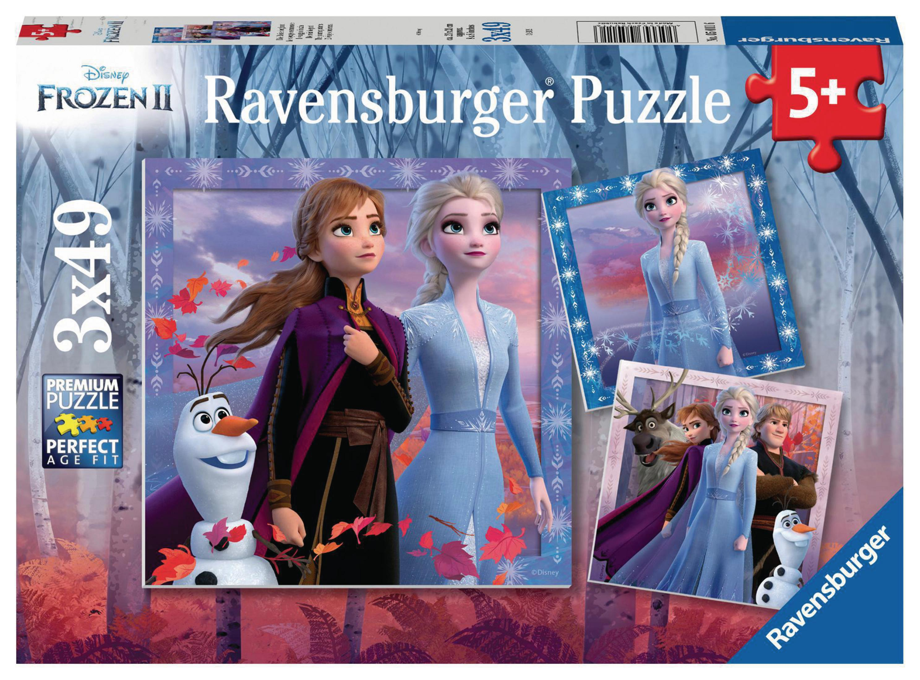 Scatola del puzzle Frozen II, con Anna, Elsa e Olaf con scenario.