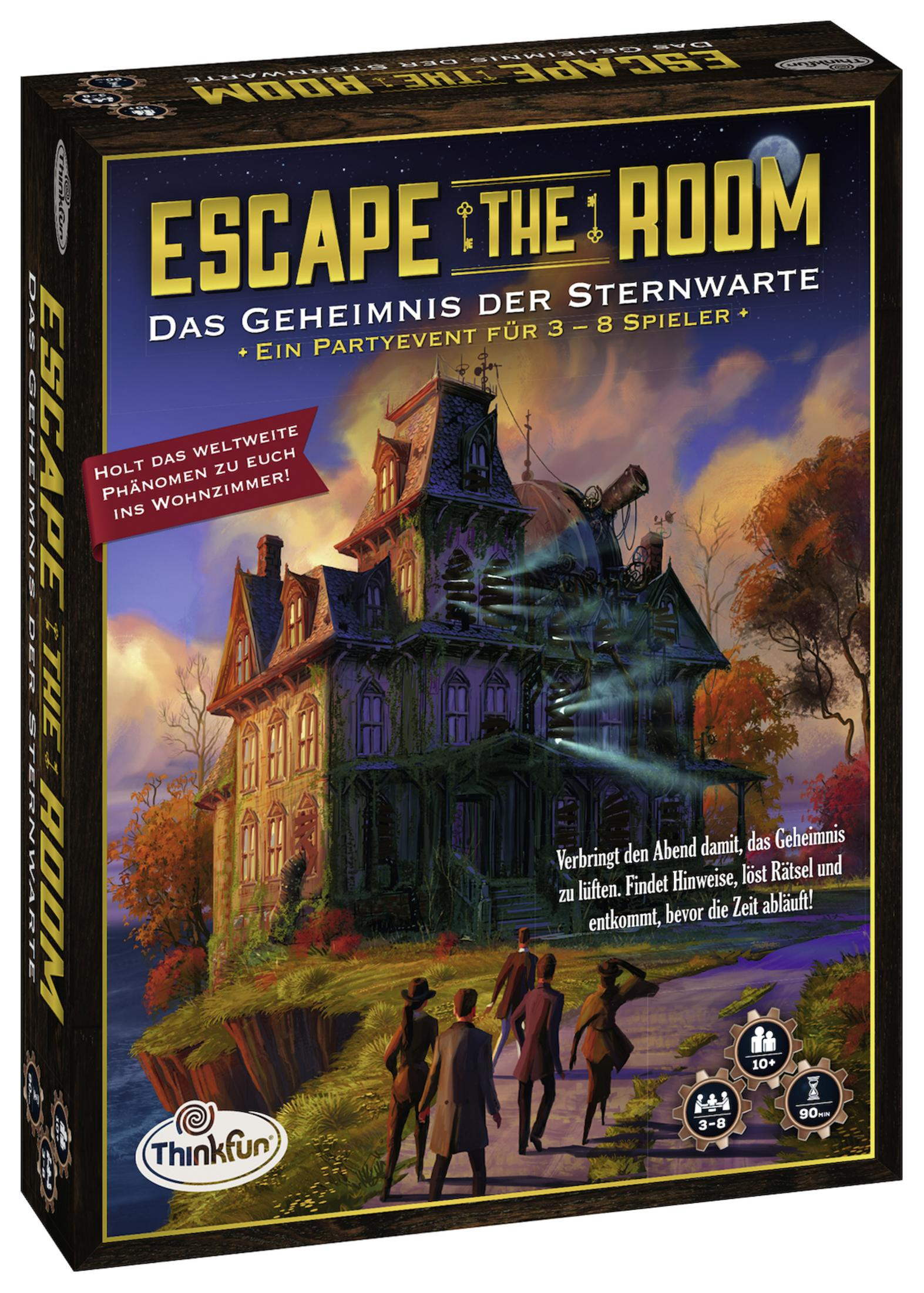 Caja de juego para Escape the Room: El Secreto del Observatorio. Presenta una ilustración de una casa encantada.