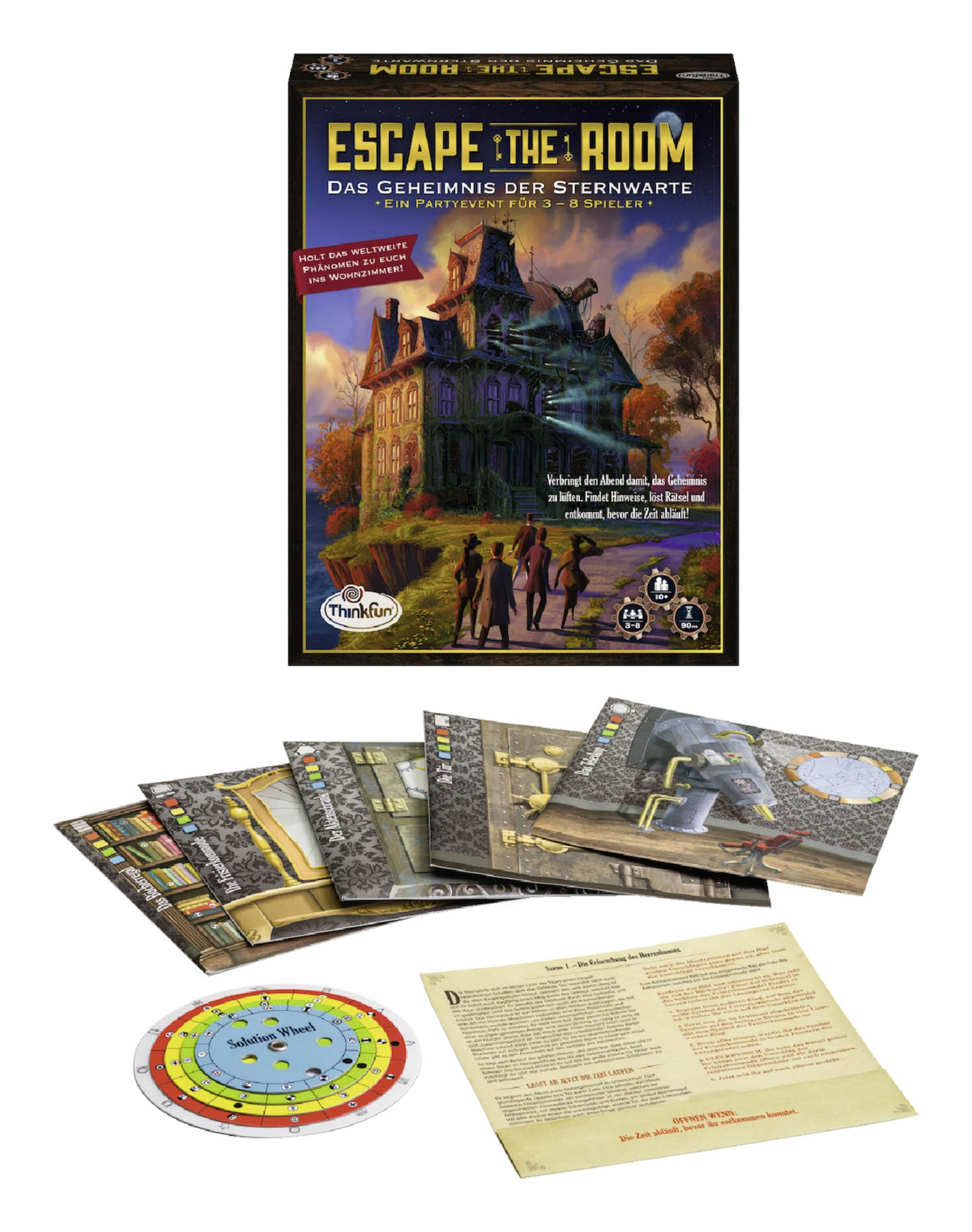 Juego de Escape the Room en caja, con cartas, una rueda e instrucciones.