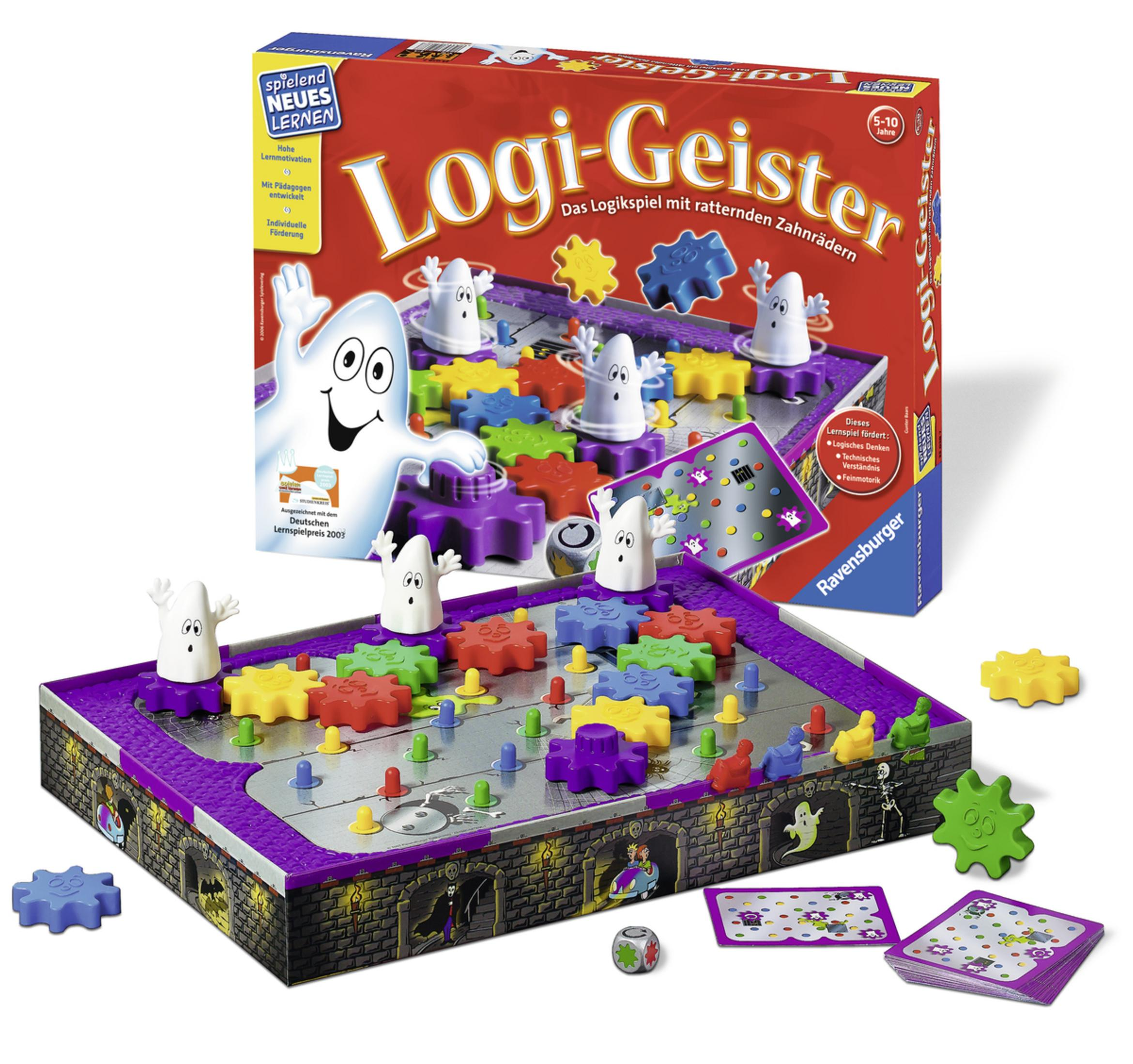 Eine Brettspielbox mit dem Titel: Logi-Geister. Das Spiel zeigt Geister und bunte Zahnräder.