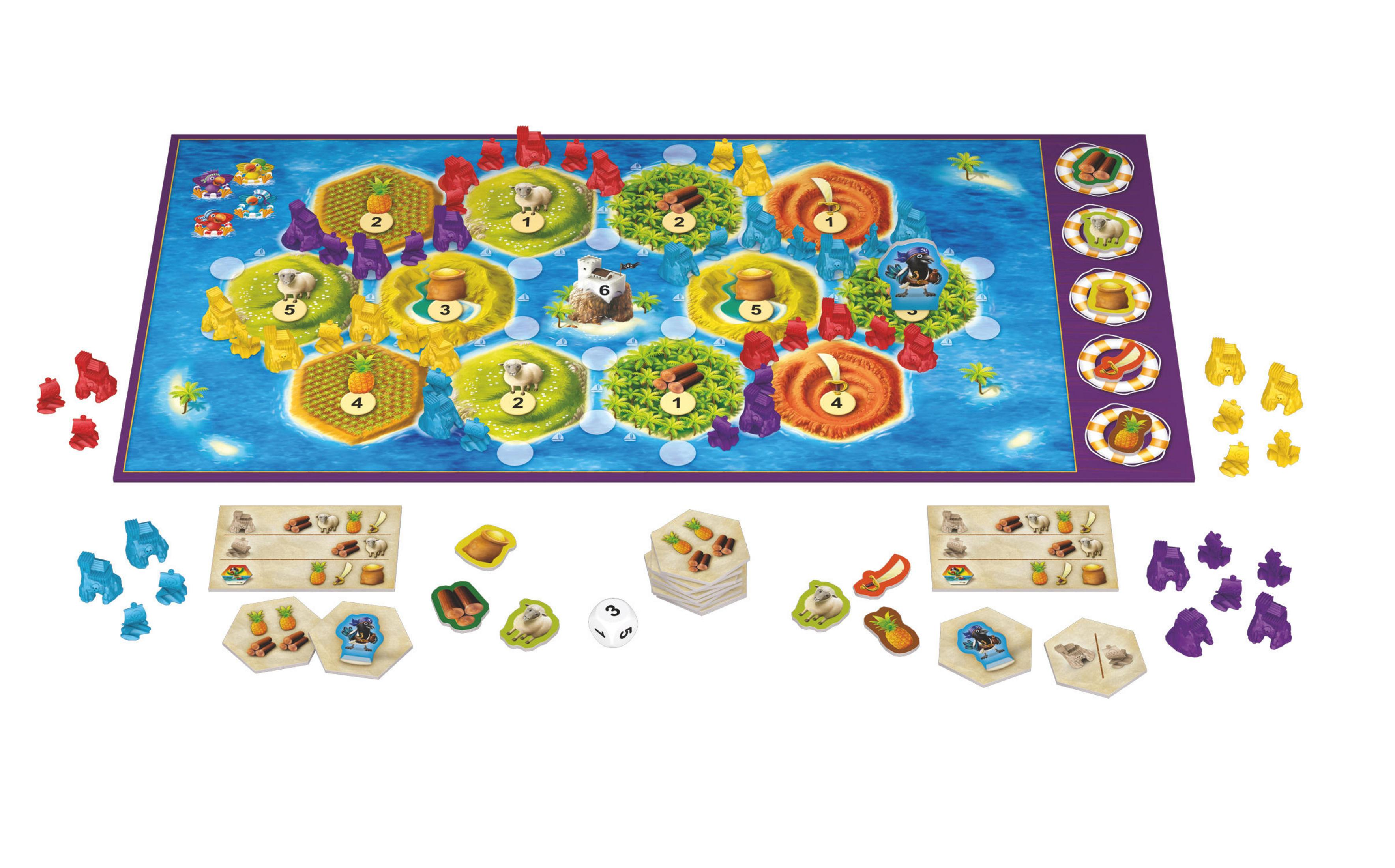 Brettspiel-Setup mit Inseln, Ressourcen und Spielsteinen.