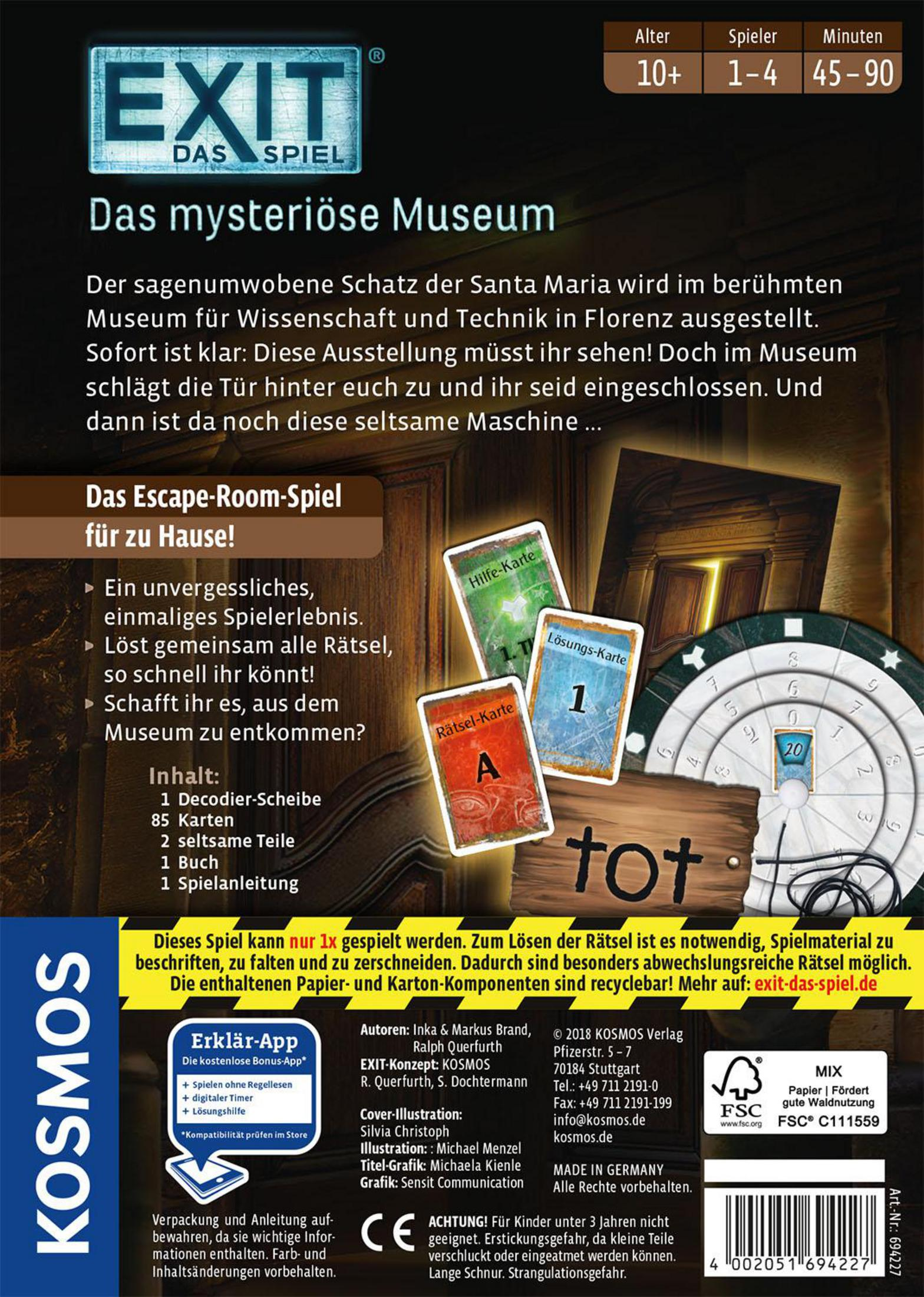 Rückseite der Exit-Spielbox: Das mysteriöse Museum. Die Box zeigt Spielkomponenten und Text.