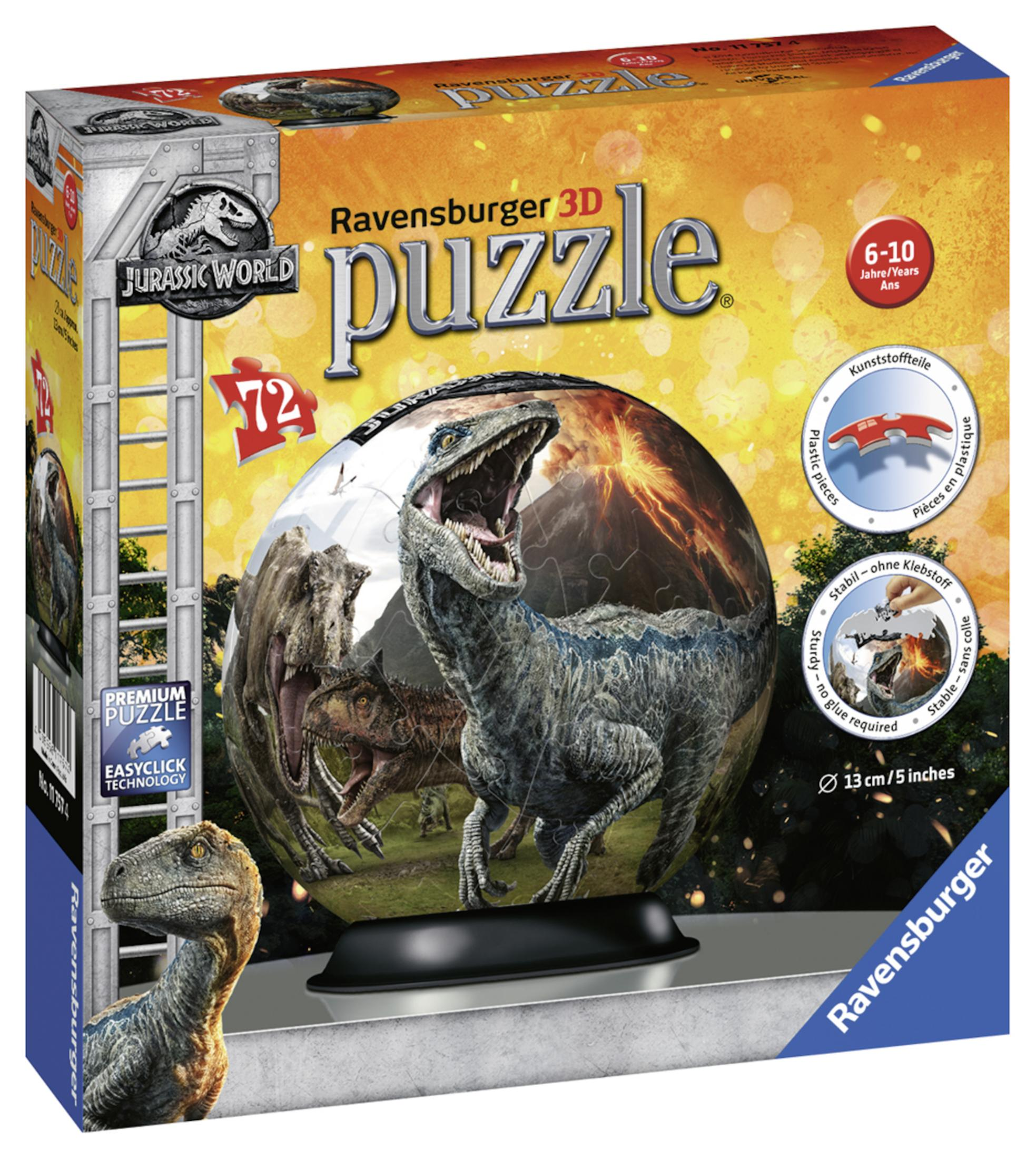 Pudełko z puzzlami 3D Jurassic World. Przedstawia dinozaury, globus i logo gry.