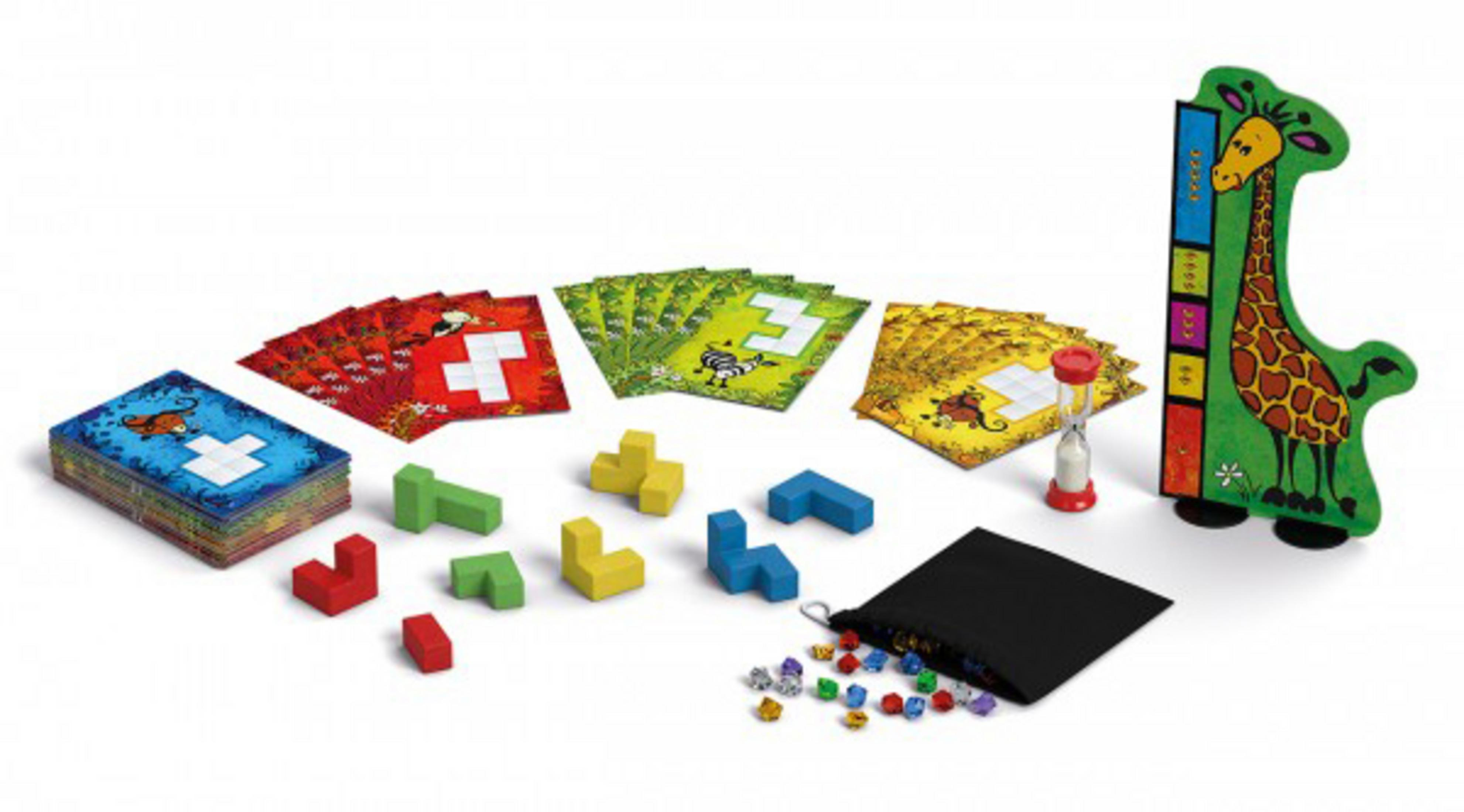 Ein Brettspiel mit verschiedenen bunten Teilen, Karten, einem Timer und einem giraffenförmigen Brett.
