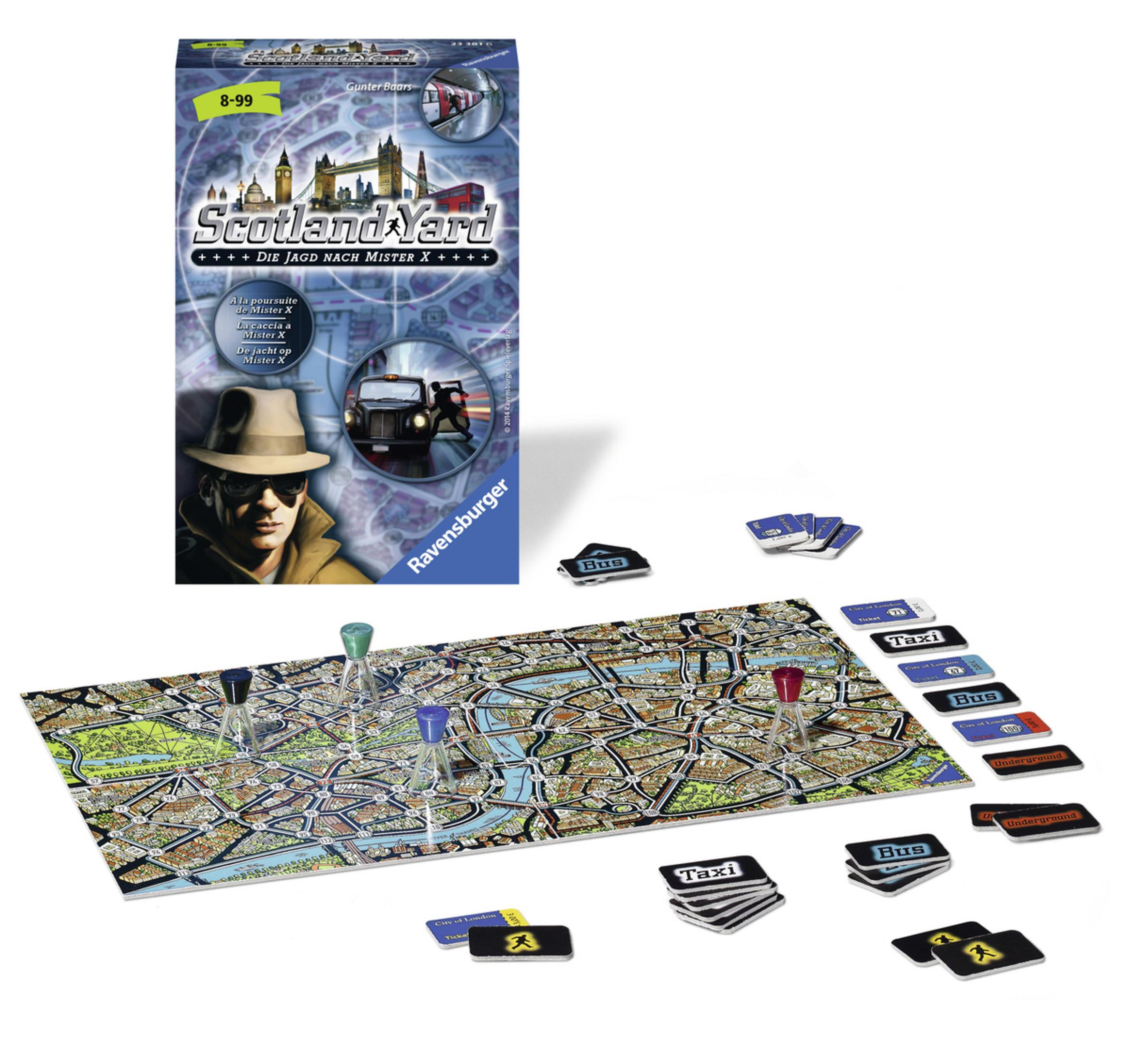 Scotland Yard Brettspiel mit Spielsteinen und Spielbrett.