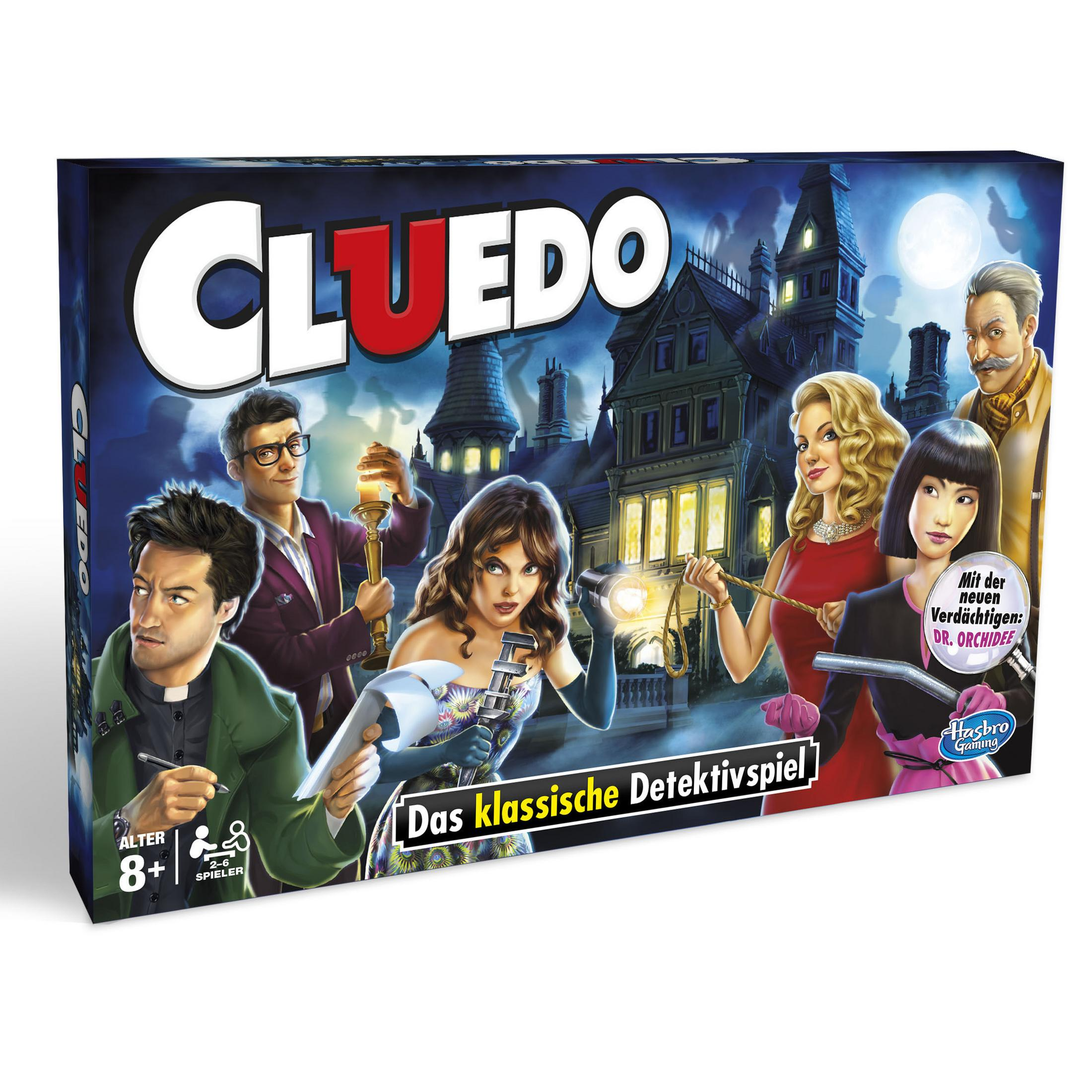 Cluedo-Brettspielbox mit den Charakteren des Spiels in einer Villa.