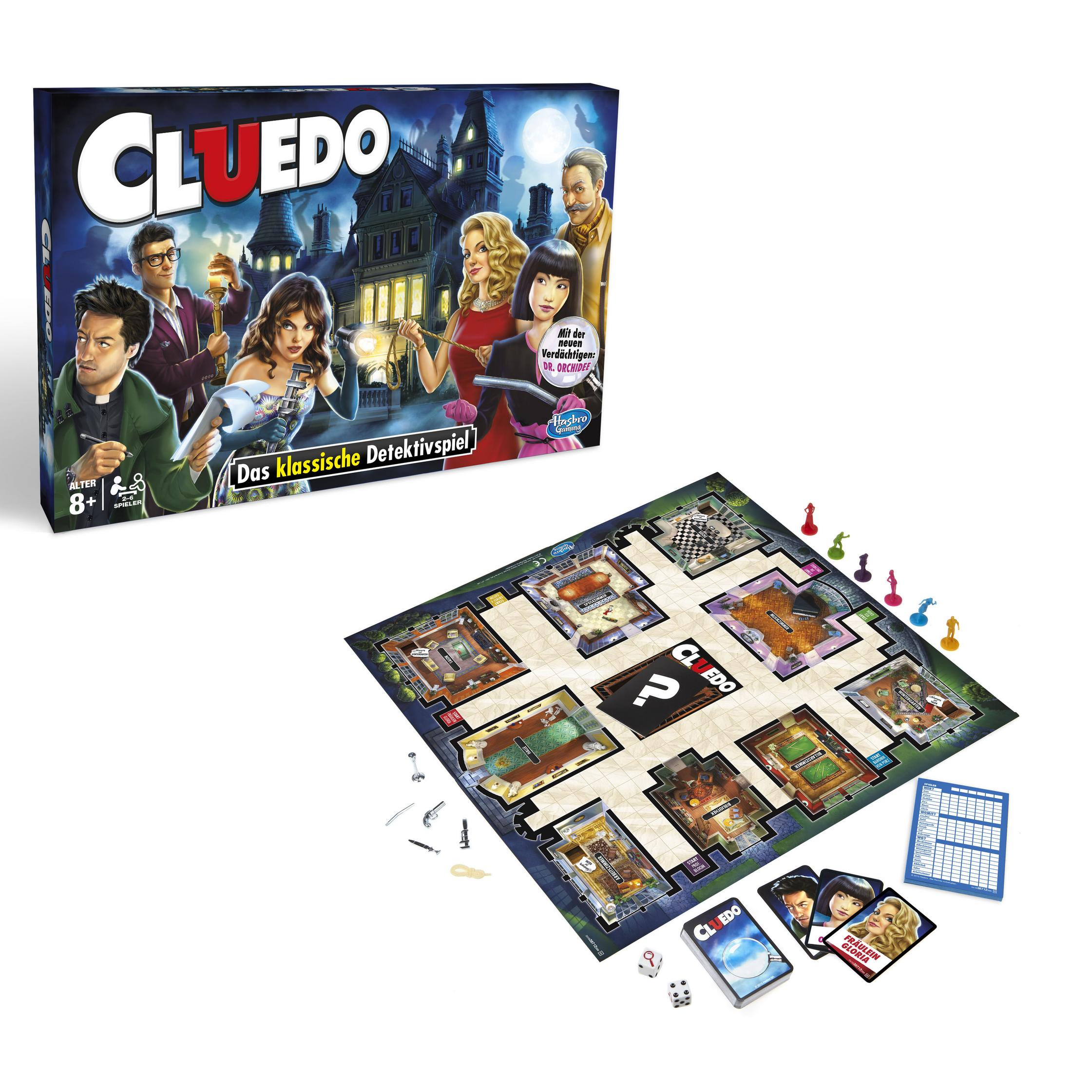 Cluedo Brettspiel-Set mit Schachtel, Spielbrett, Spielfiguren, Karten und Würfeln. Ein klassisches Detektivspiel.