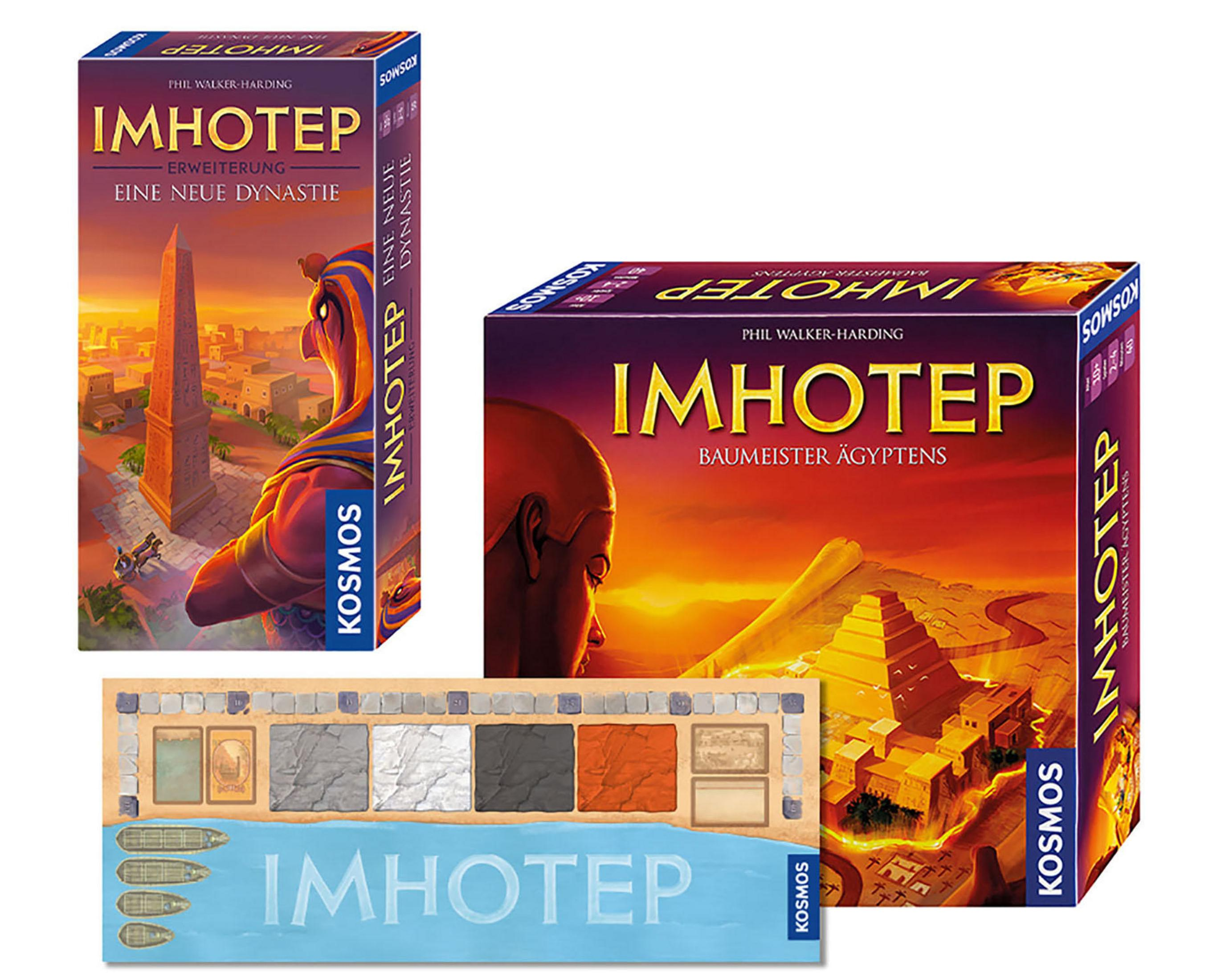 Zwei Brettspielboxen und Spielkomponenten, eine mit dem Titel Imhotep mit ägyptischem Thema, auf weißem Hintergrund.