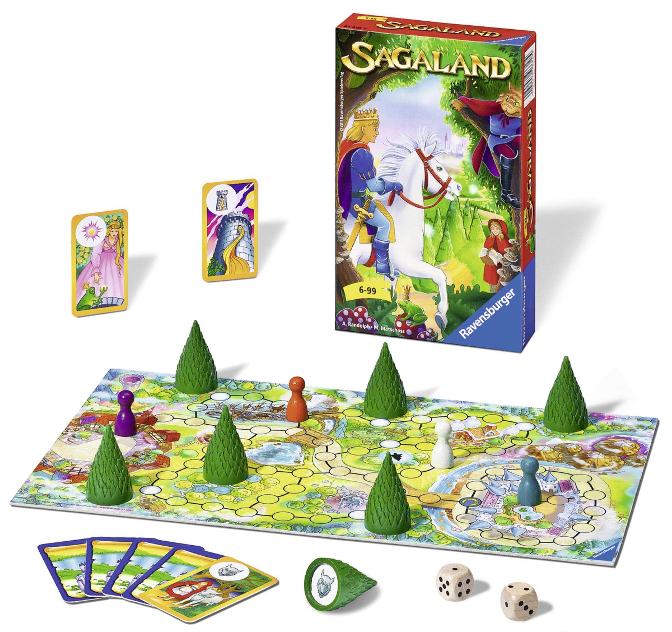 Gioco da tavolo Sagaland con una scatola che mostra un cavaliere a cavallo e pedine su un tabellone verde.