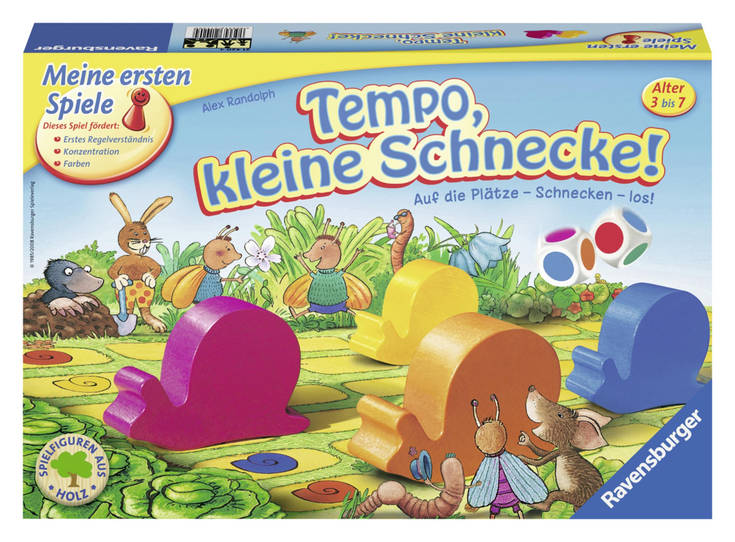 Brettspielbox mit bunten Schnecken auf einer Strecke und anderen Elementen.