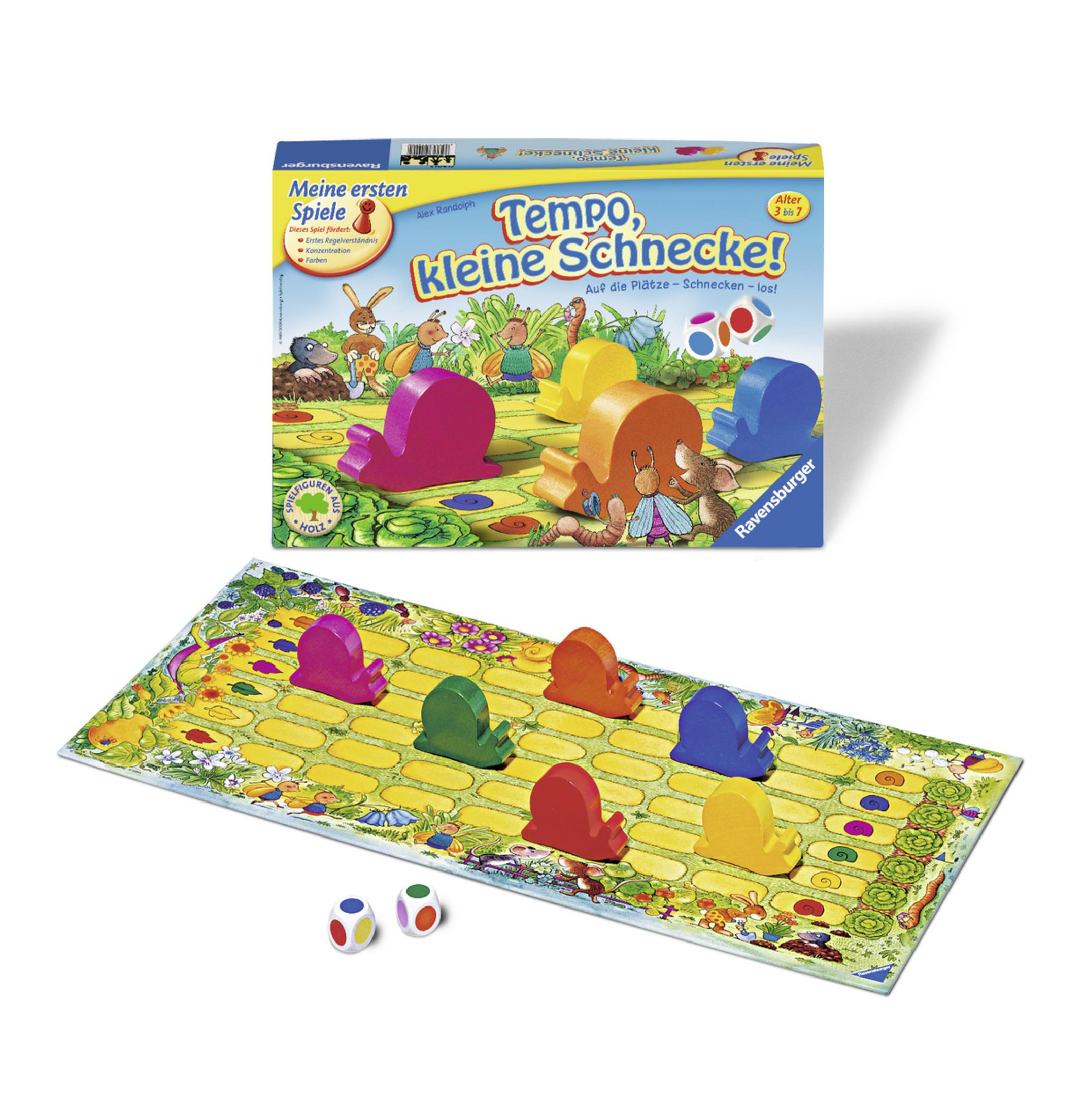 Ein Brettspiel-Box und Spielbrett. Das Brett hat Schnecken, Würfel und eine farbenfrohe Strecke. Die Box zeigt auch Schnecken.