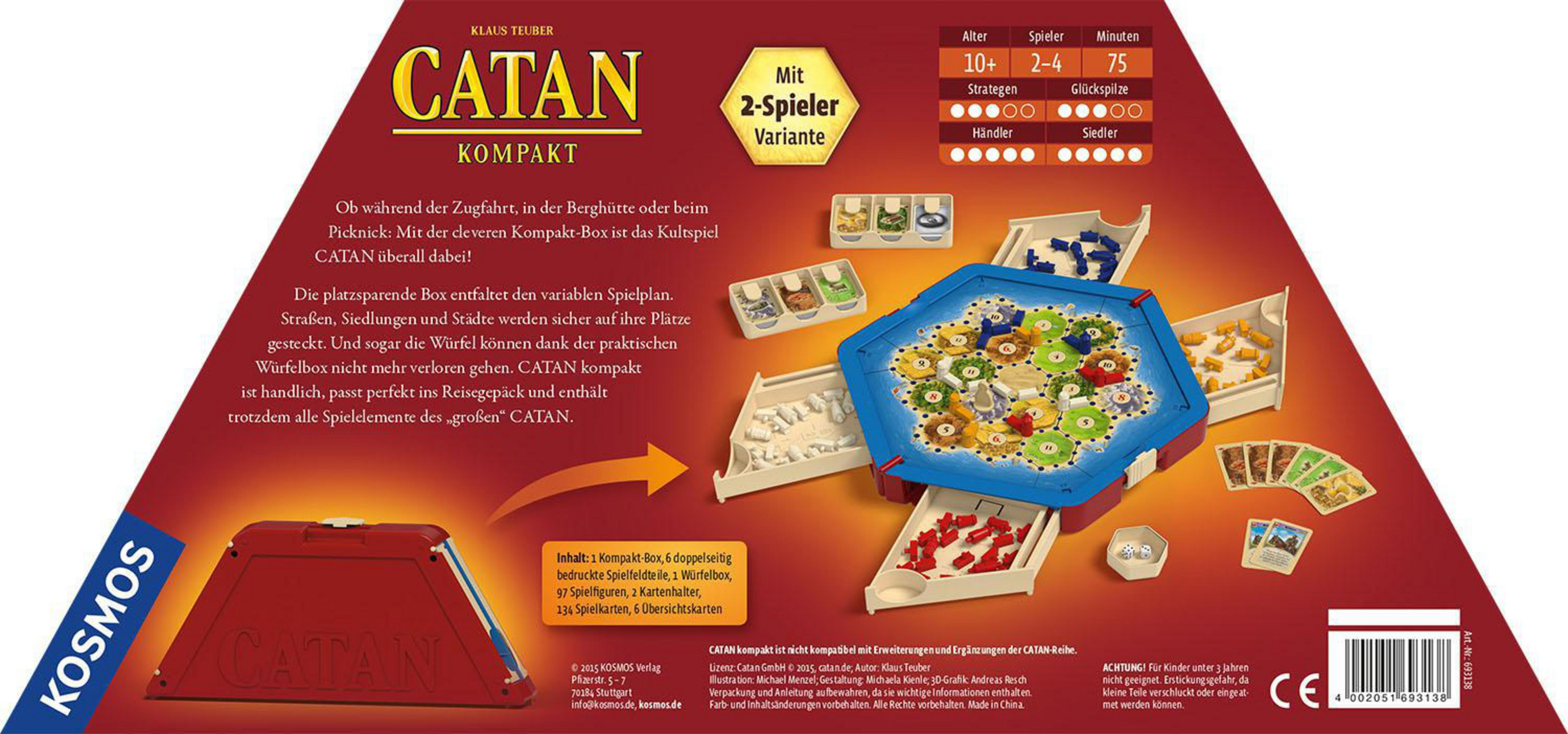 Catan Kompakt Spielbox. Rote Box mit verschiedenen Spielteilen sichtbar. Weißer Hintergrund.