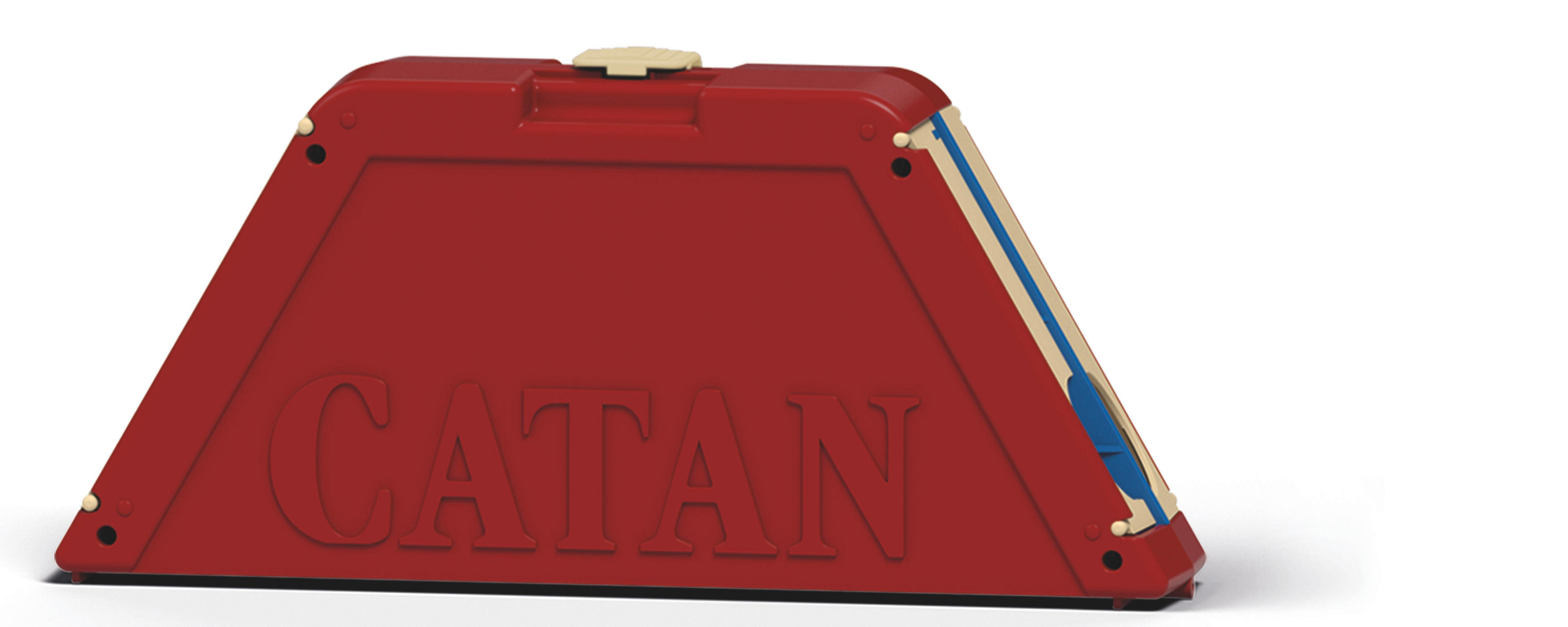 Eine rote Catan-Brettspielbox mit dem Namen des Spiels darauf.