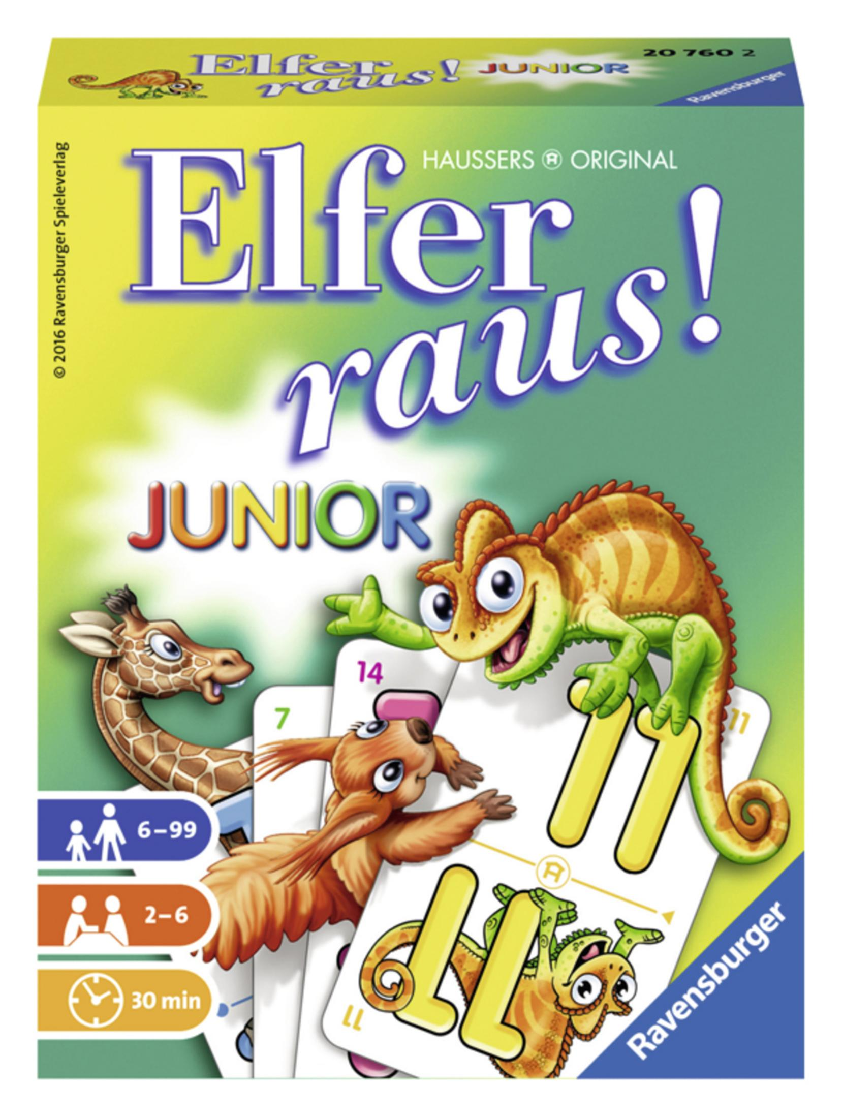 Schachtel des Spiels 'Elfer raus!' Junior mit Tierfiguren und Karten.