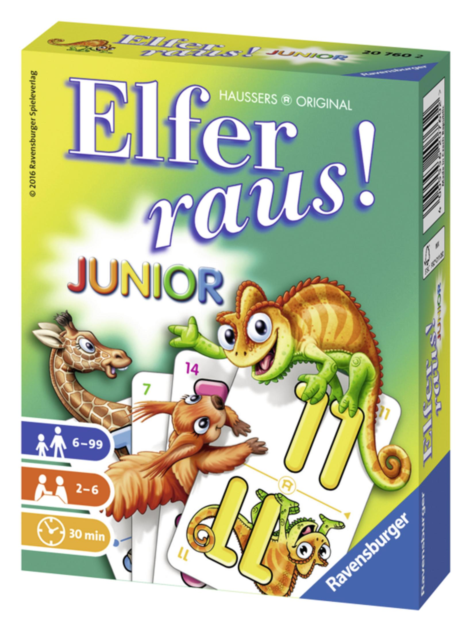 Brettspiel in der Box: 'Elfer raus! Junior'. Mit Giraffe, Eichhörnchen und Chamäleon auf Karten.