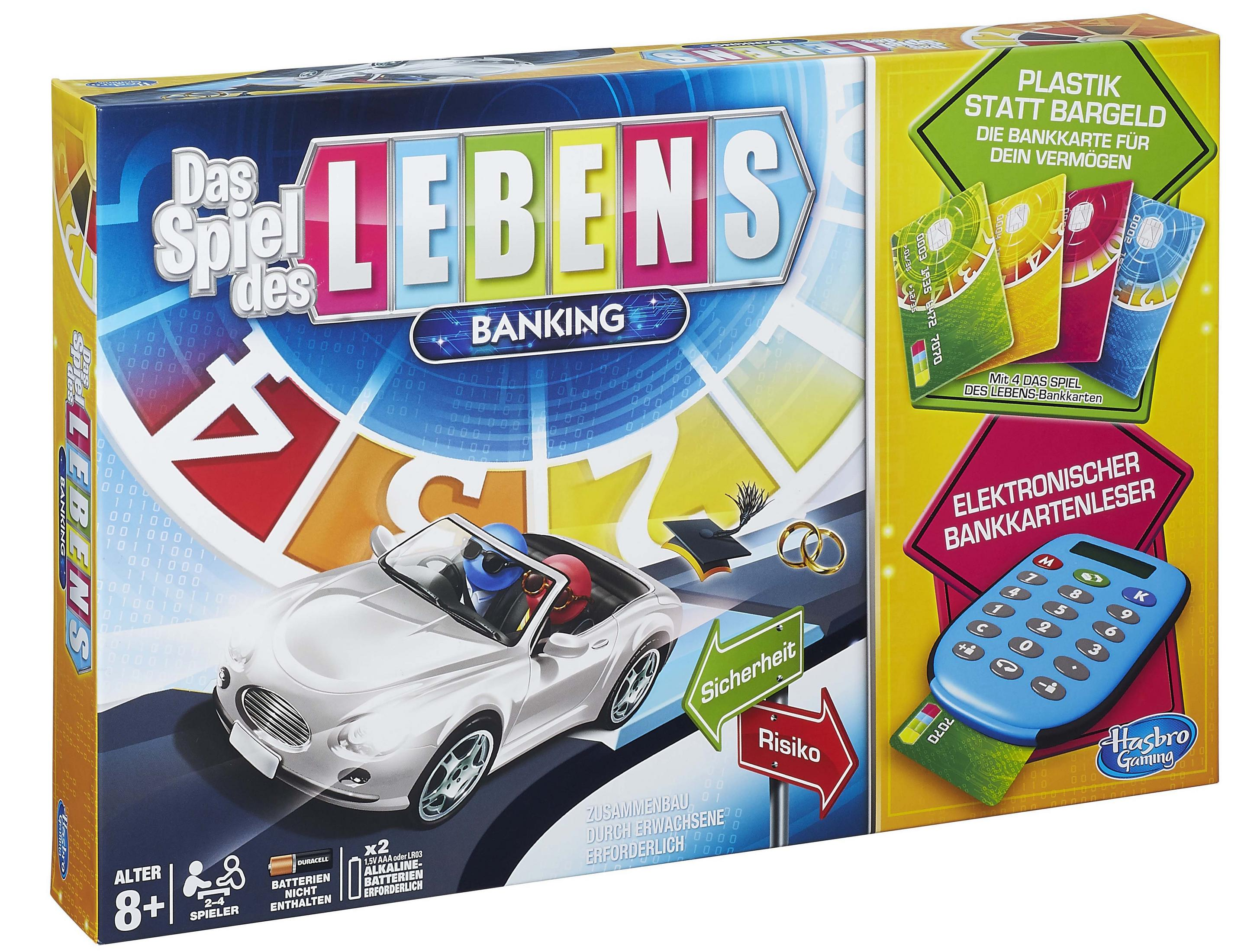Spielbox mit Auto und Personen. Text: Das Spiel des Lebens. Banking. Elektronischer Kartenleser.