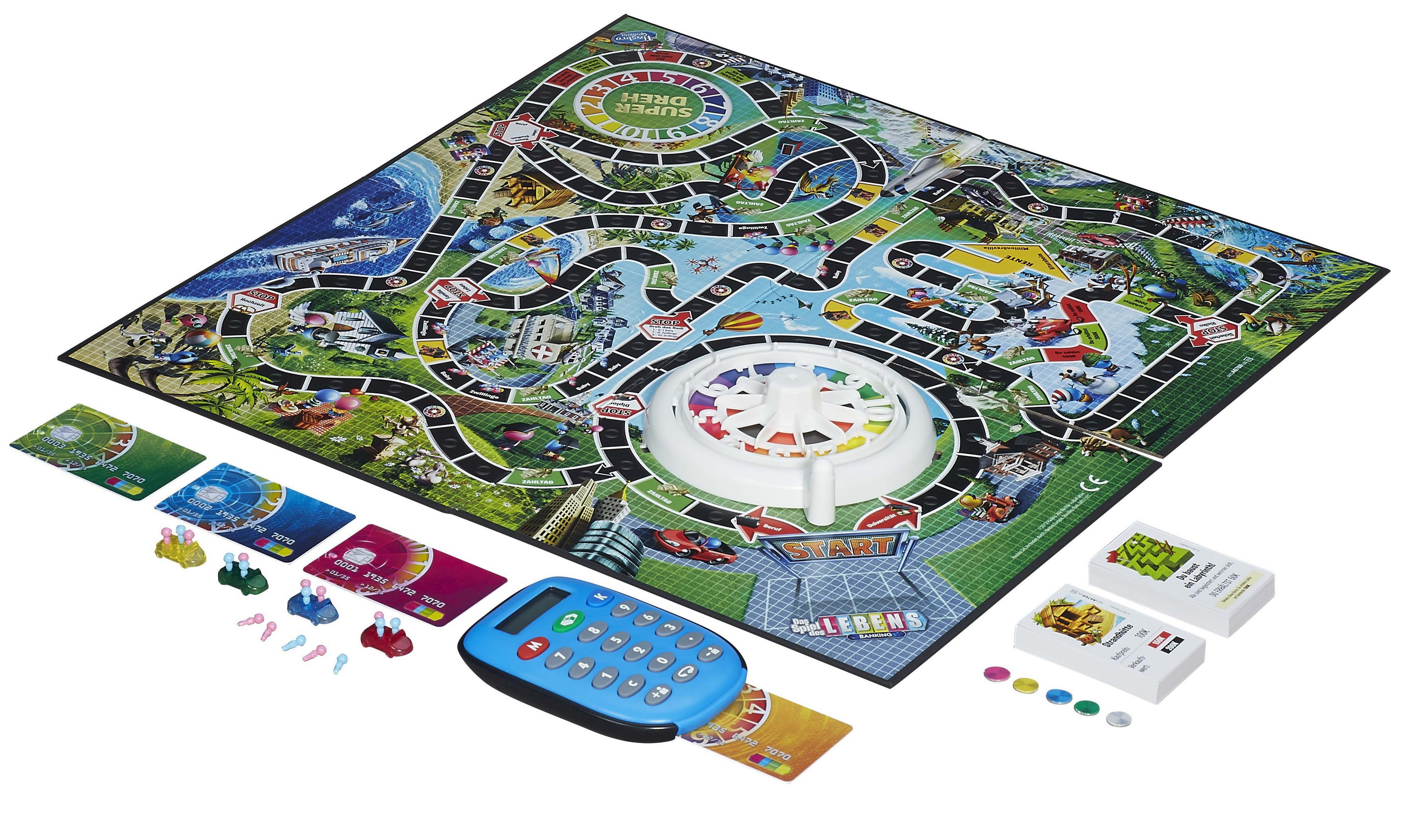 Das Spiel des Lebens Brettspiel mit Spielbrett, Karten, Spinner und Spielgeld. Das Brett ist farbenfroh.