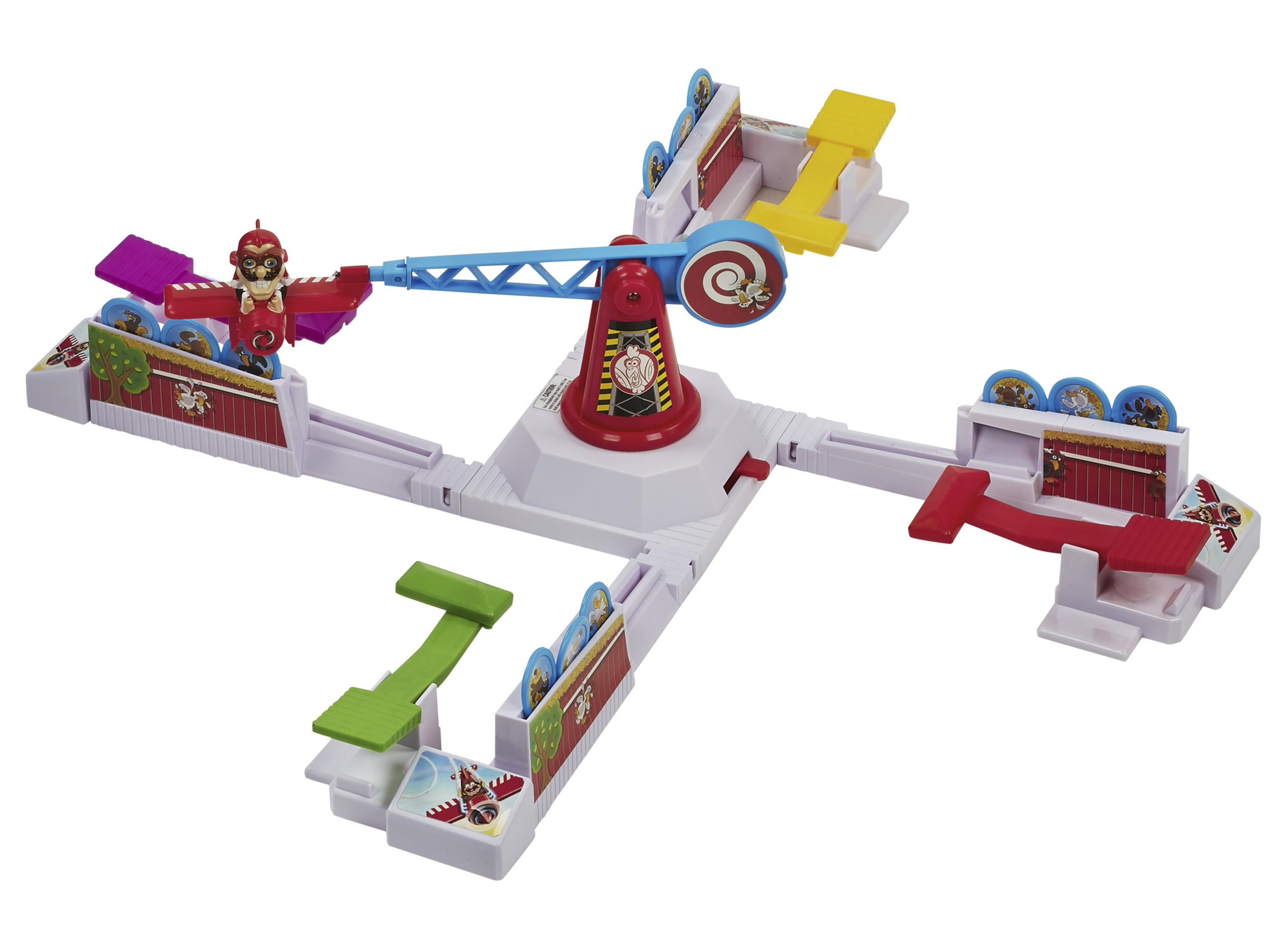 Ein farbenfrohes Spielzeugspiel mit einem rot-weißen Zentrum und vier Armen, jeweils mit Bahnen und Hindernissen.