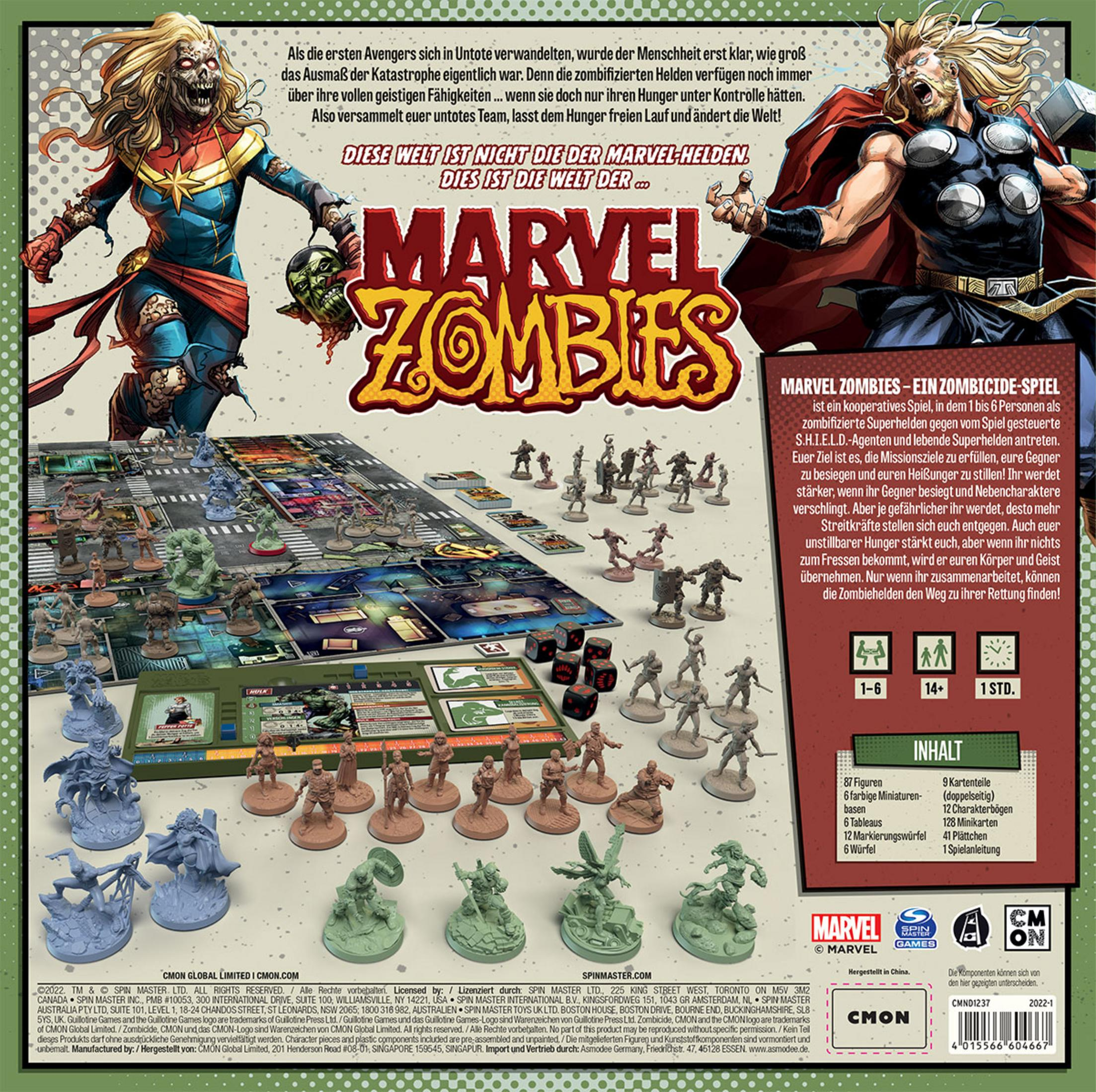 Marvel Zombies Brettspielbox und -komponenten mit verschiedenen Zombie-Marvel-Charakteren und Spielelementen.