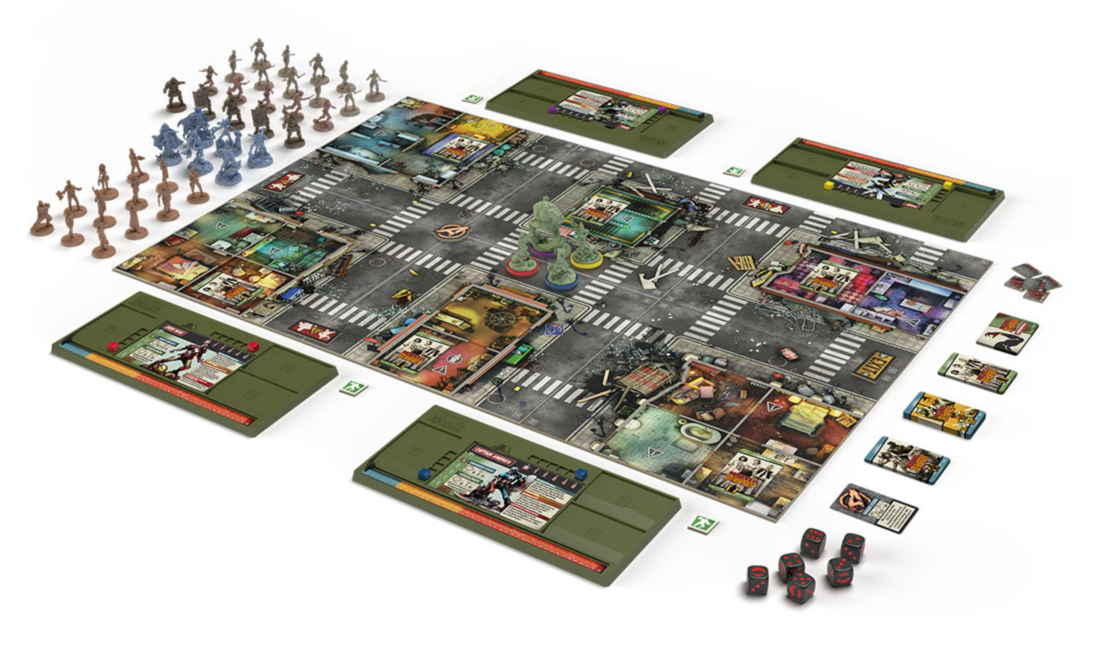 Brettspiel, Zombies und Überlebende auf Stadtkarte, mit Spielsteinen.