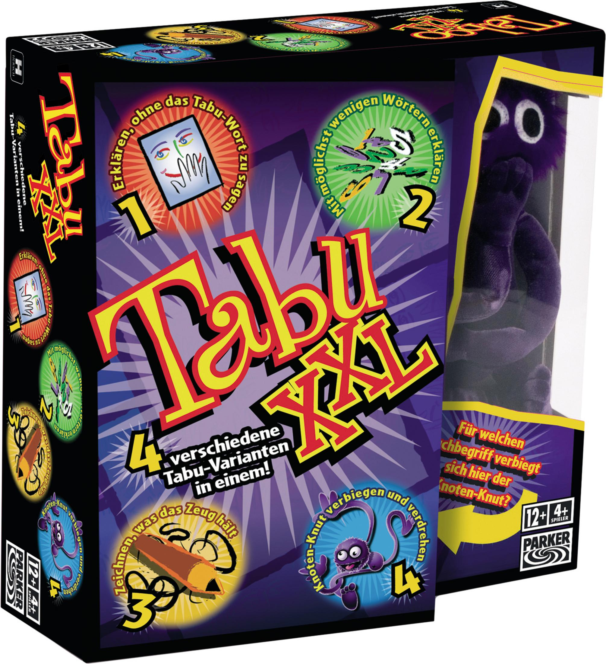 Eine Tabu XXL Spielbox mit lila Hintergrund und verschiedenen Bildern.