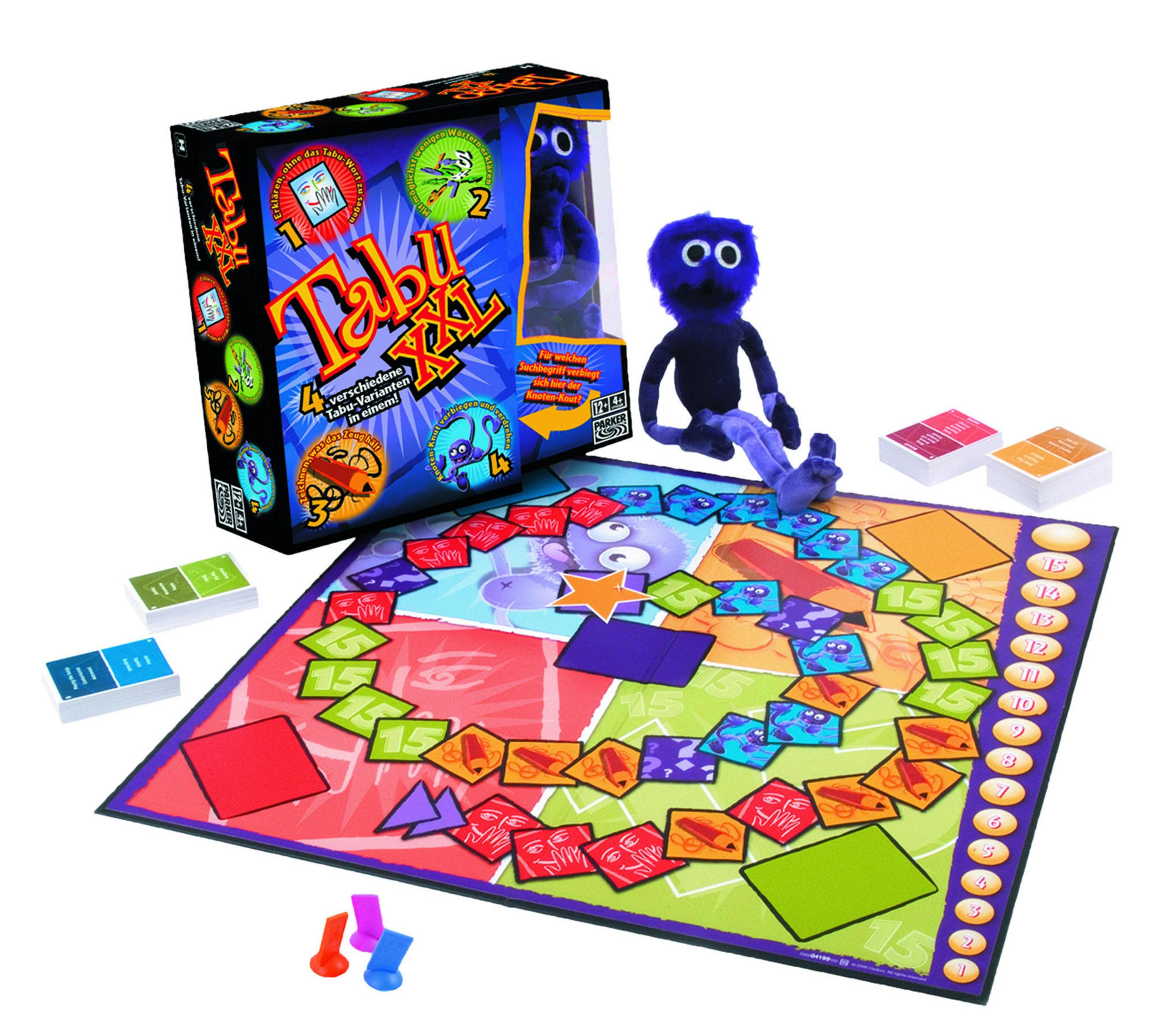 Ein Brettspiel mit Schachtel, Spielbrett, Karten, Spielsteinen und einer Plüschfigur einer blauhaarigen Figur.