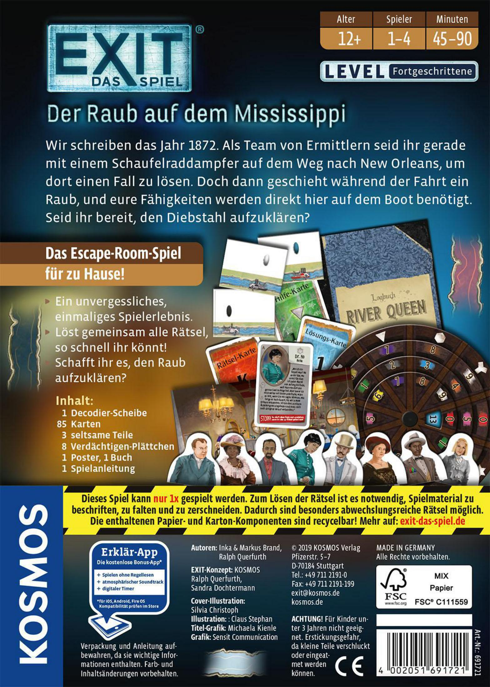Rückseite von Exit: Das Spiel - Der Raub auf dem Mississippi. Karten und Spielkomponenten sind abgebildet.