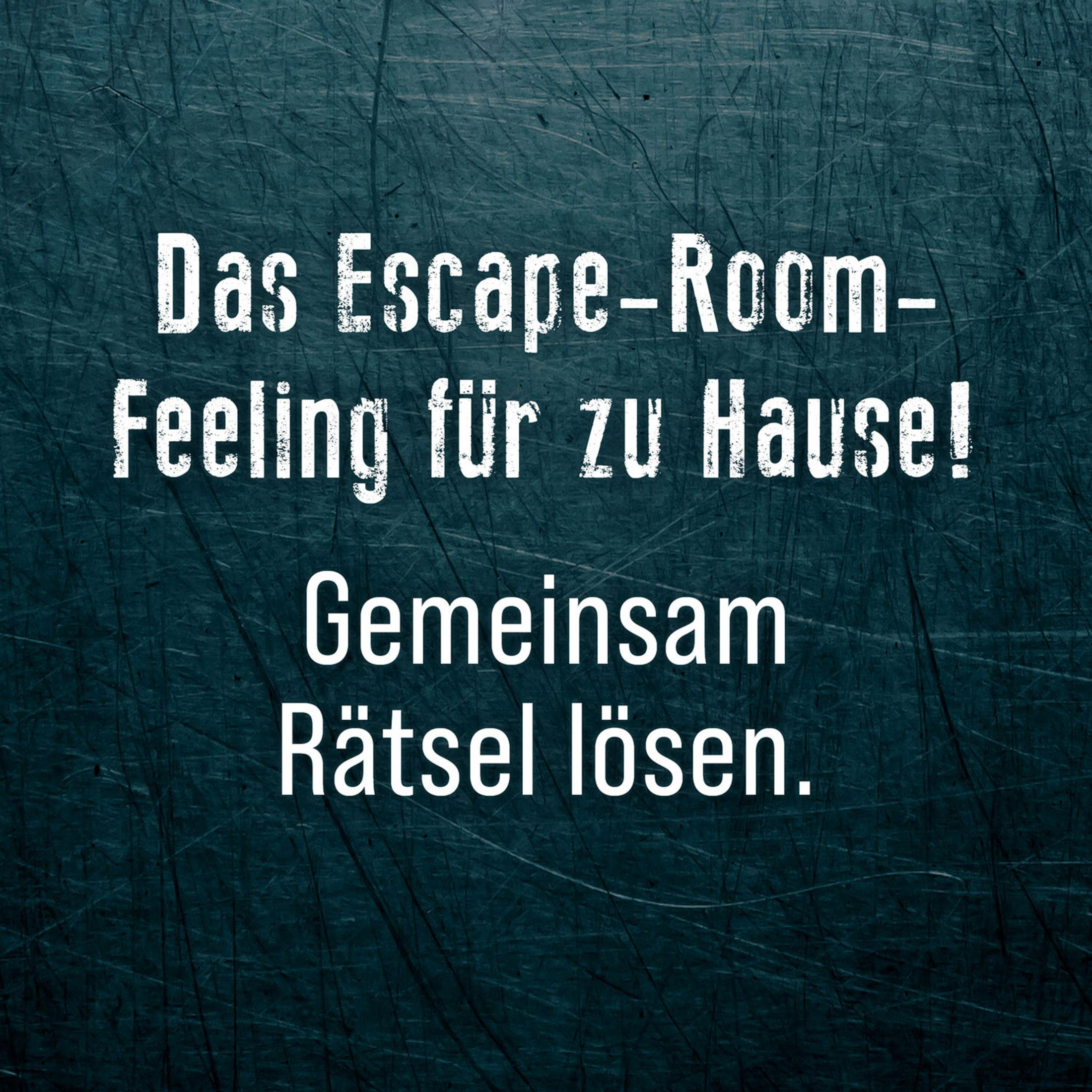 Tekst na ciemnym tle: 'Das Escape-Room-Feeling für zu Hause! Gemeinsam Rätsel lösen.'