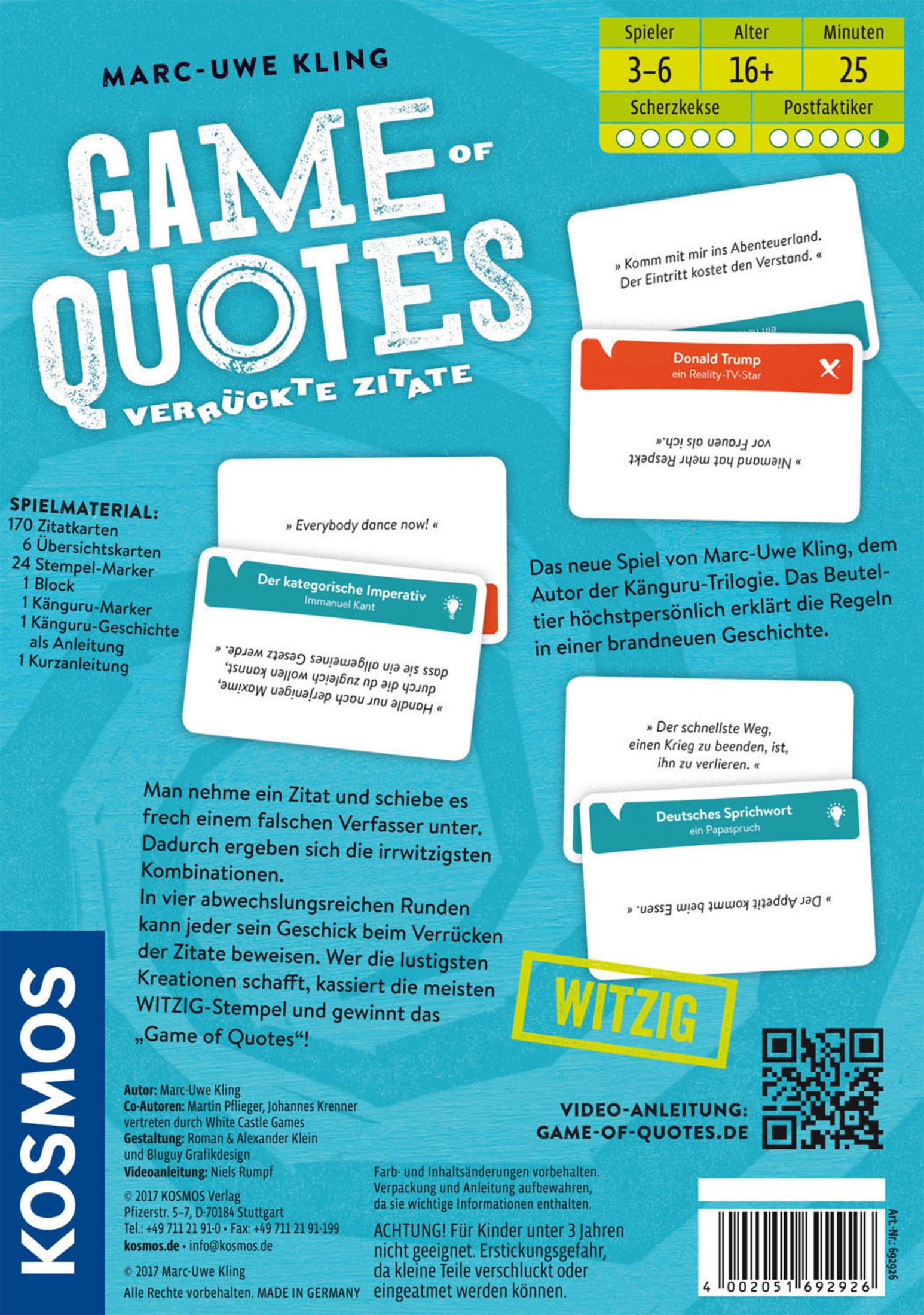 Spielbox von Game of Quotes. Text und Bilder von Karten, plus ein Känguru-Marker und ein Block.