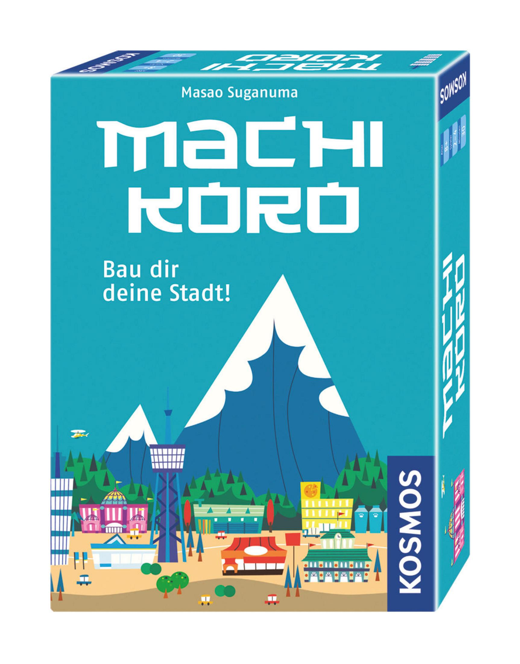 Boîte du jeu de société Machi Koro avec illustrations de ville et fond de montagne.