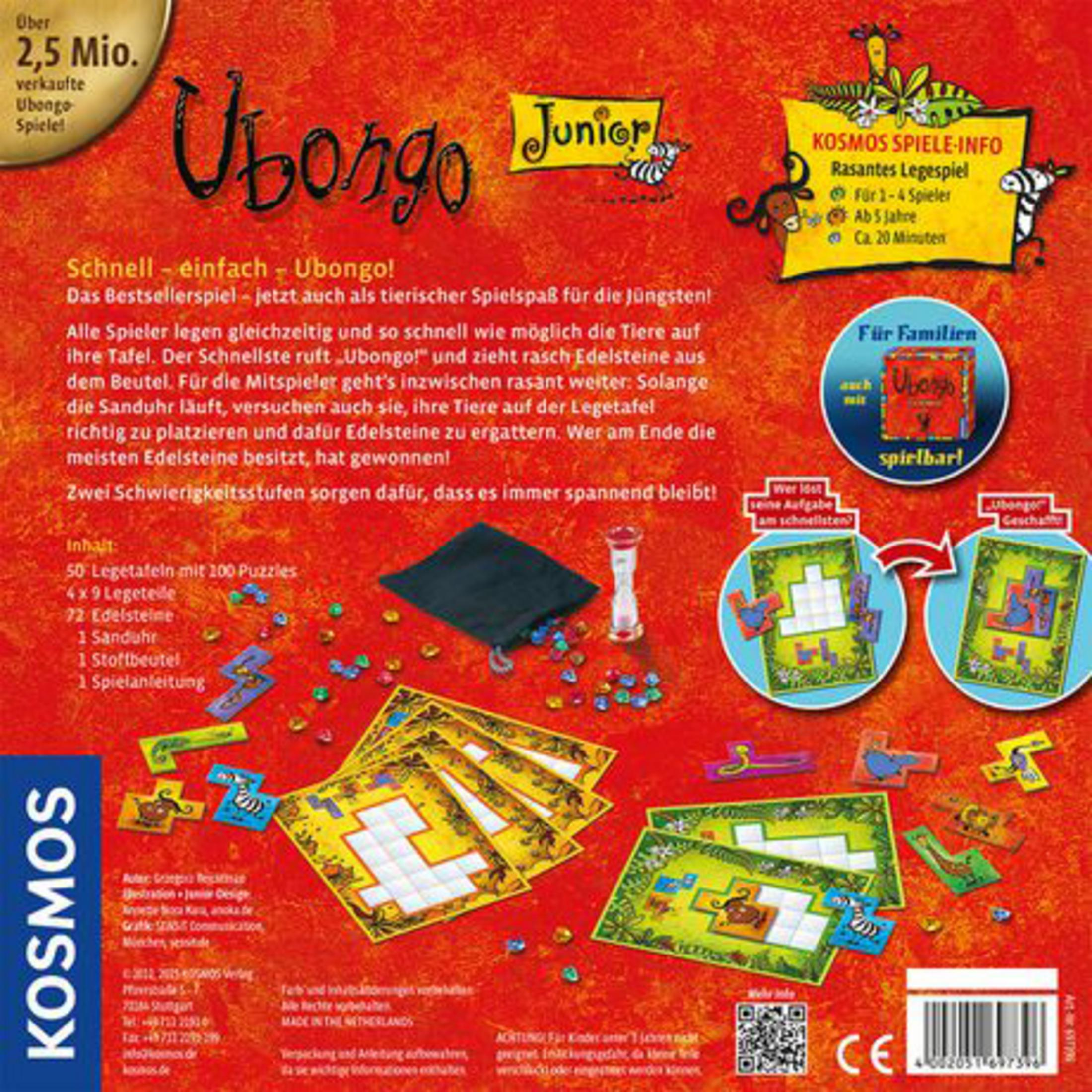 Schachtel des Brettspiels Ubongo Junior mit bunten Spielsteinen und Text.