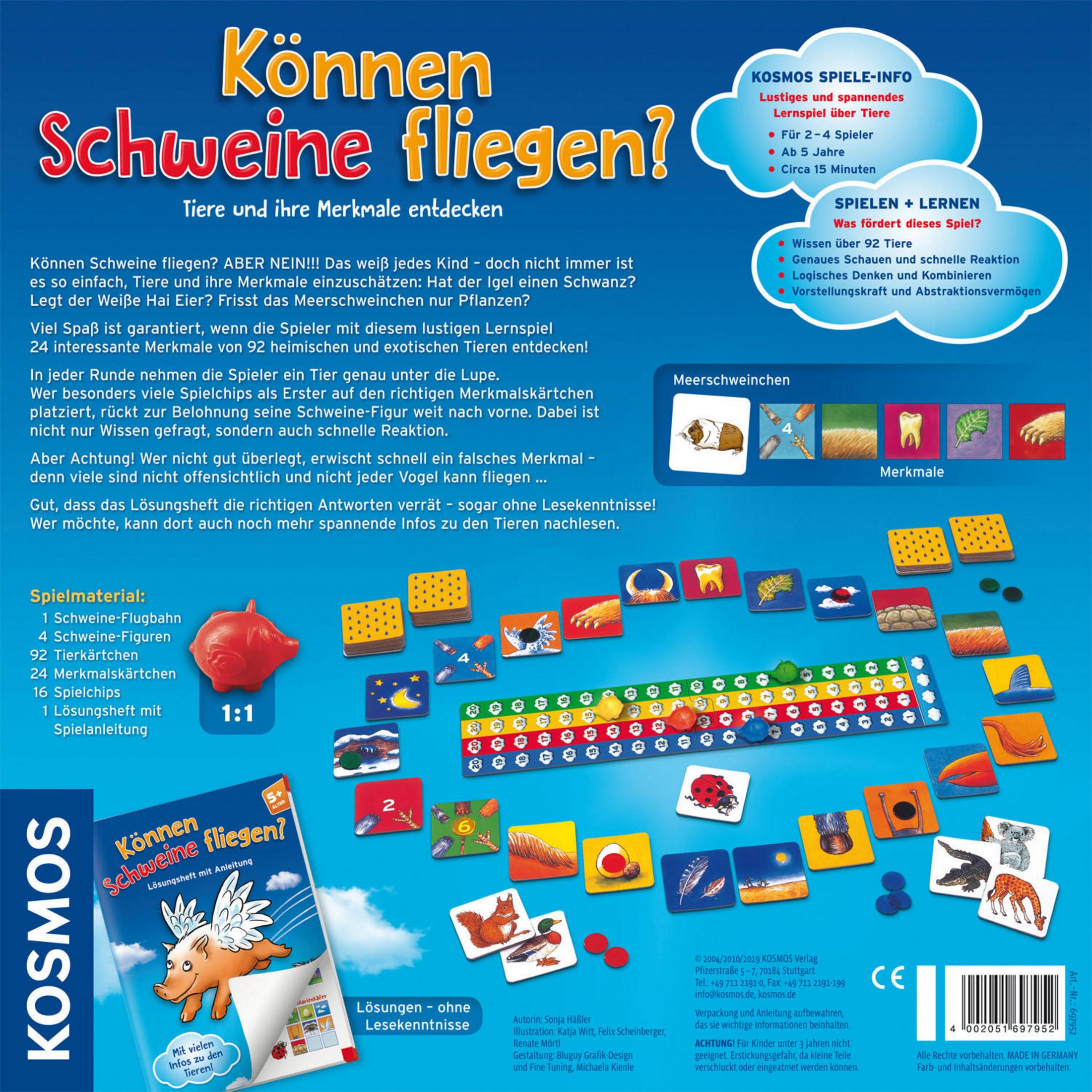 Brettspielbox mit Schwein im Himmel, Spielkomponenten und viel Text auf Deutsch.