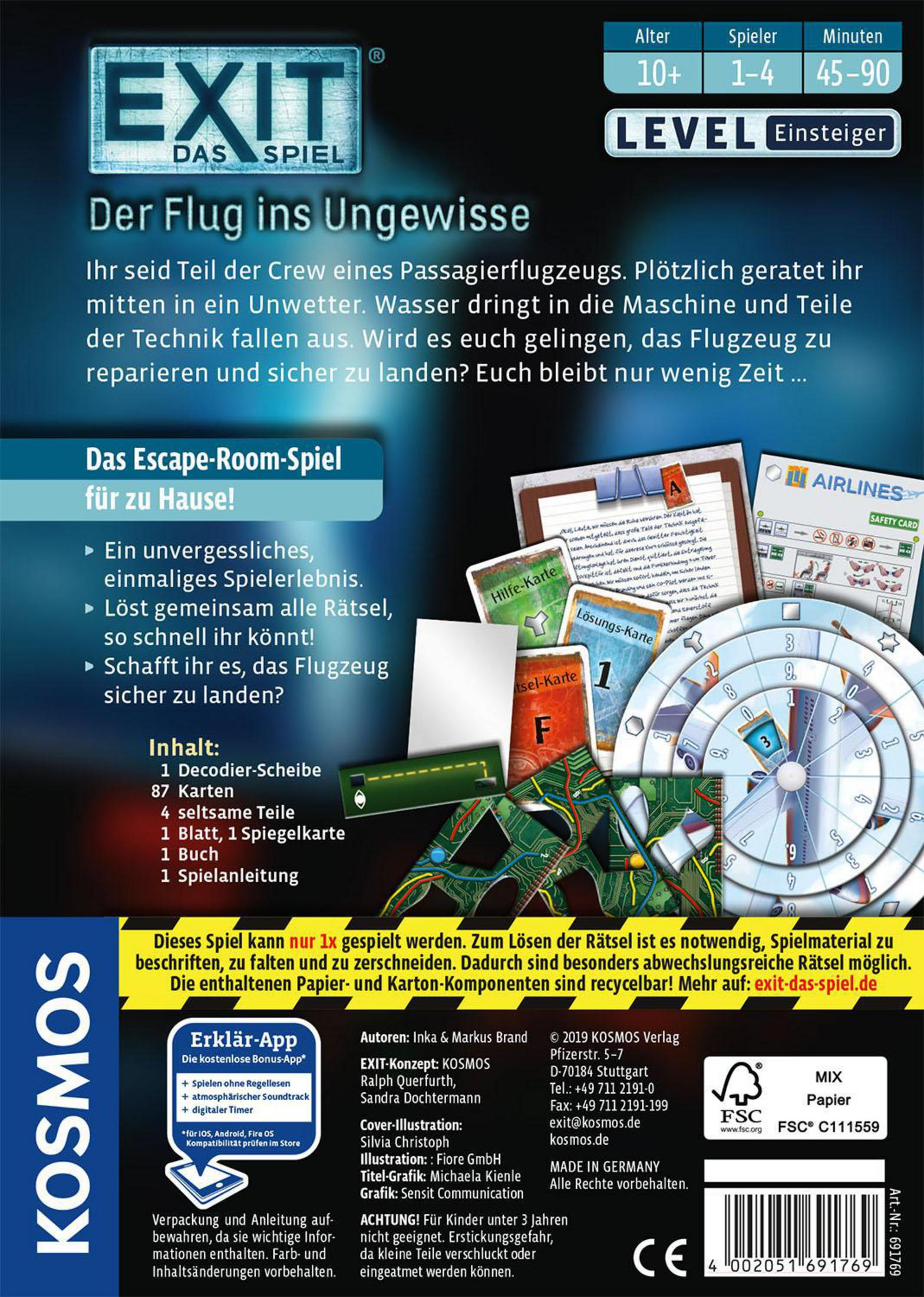 Exit-Spielbox, Rückansicht. Text und Spielkomponenten sind sichtbar, mit Flugzeug und Rätseln.