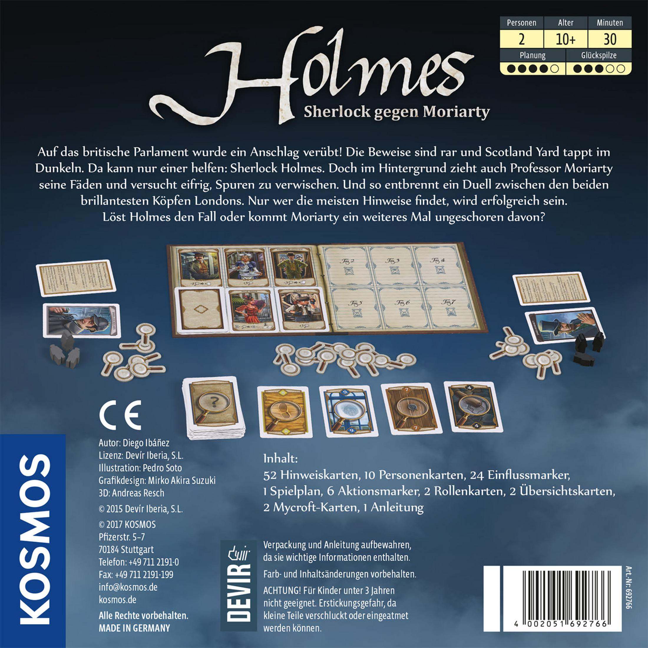 Die Rückseite einer Brettspielbox. Das Spiel heißt Holmes, mit Sherlock Holmes und Moriarty darauf.