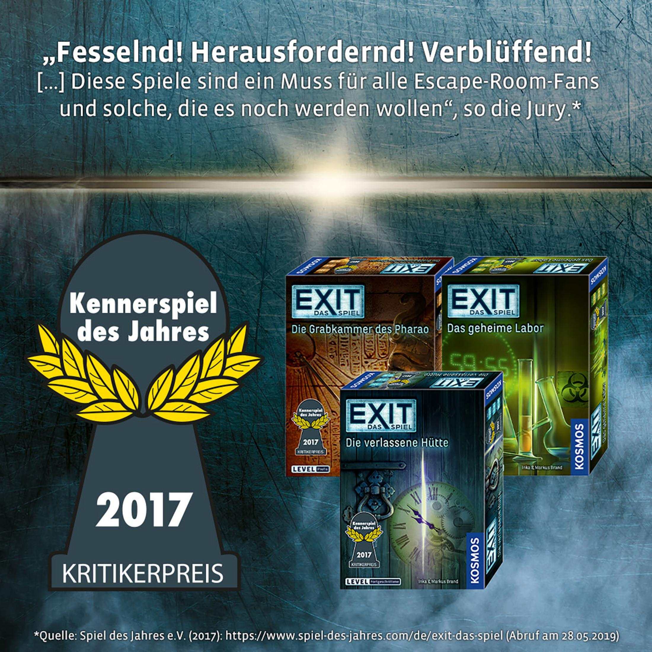 Escape-Game-Boxen mit Schlüsselloch-Symbol, Auszeichnung und Text. Boxen haben Spieletitel.