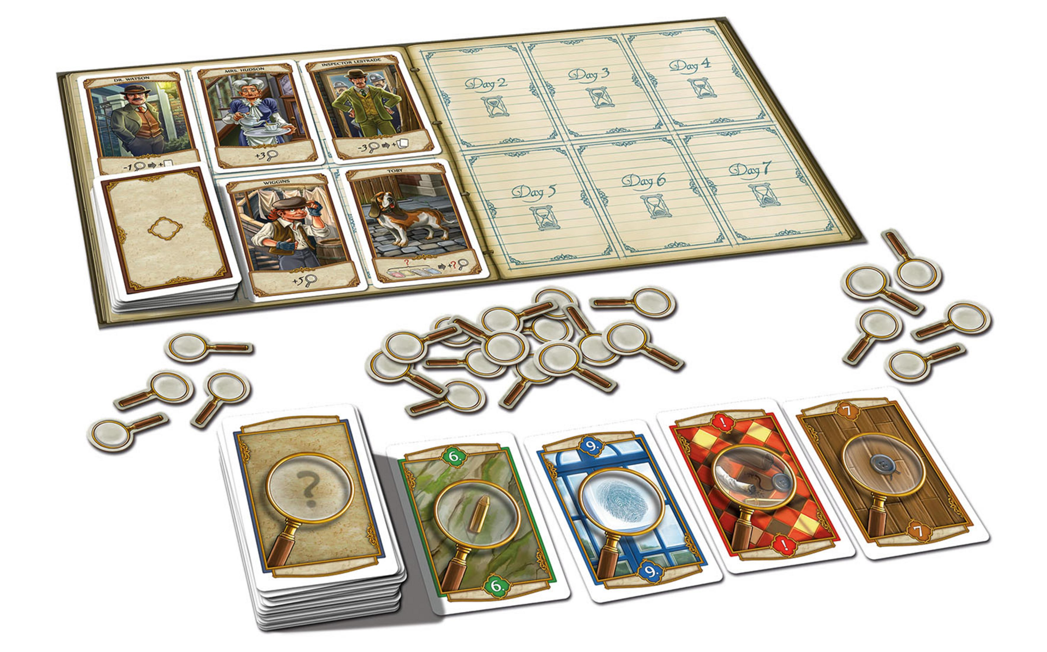 Brettspiel mit Karten, Lupen und Charakterkarten. Verschiedene Farben und Details.