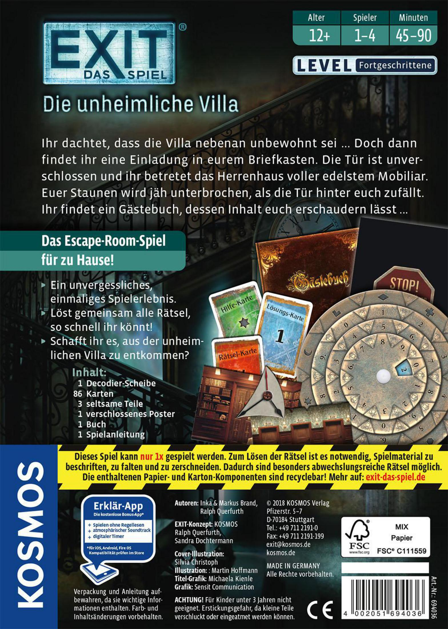 Rückseite von Exit: Das Spiel, mit einer Villa-Illustration, Karten und Anweisungen.