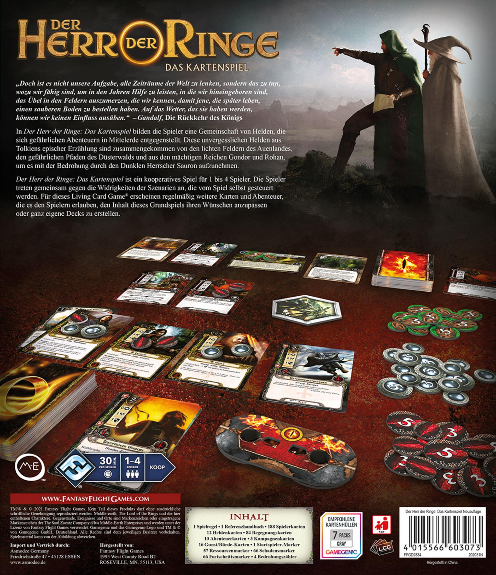 Brettspielbox: Der Herr der Ringe. Figuren von Charakteren, Karten, Spielsteinen und Würfeln sind sichtbar.