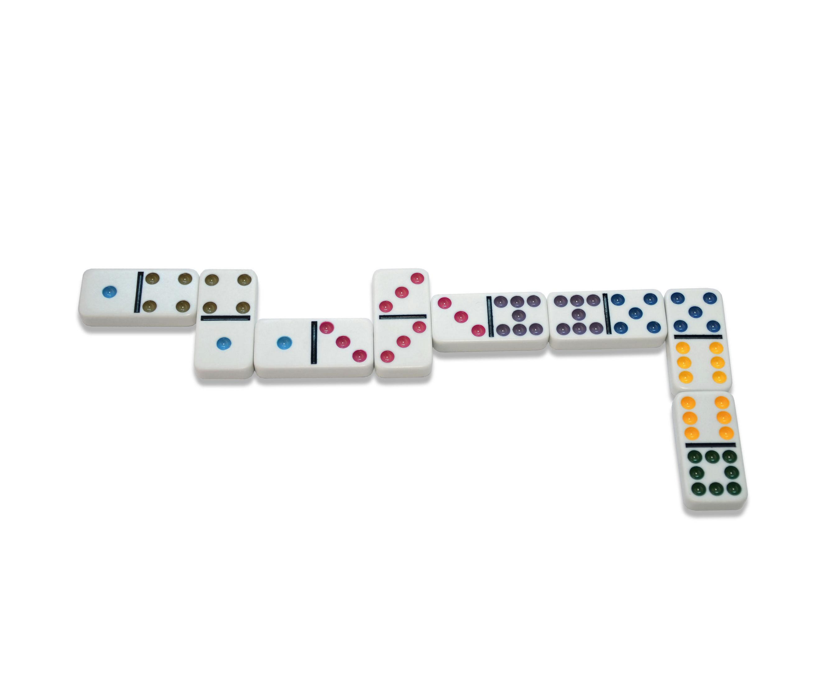 Dominosteine in einer Reihe, weiß mit schwarzen Punkten. Das Layout ist eine gewundene Sequenz.