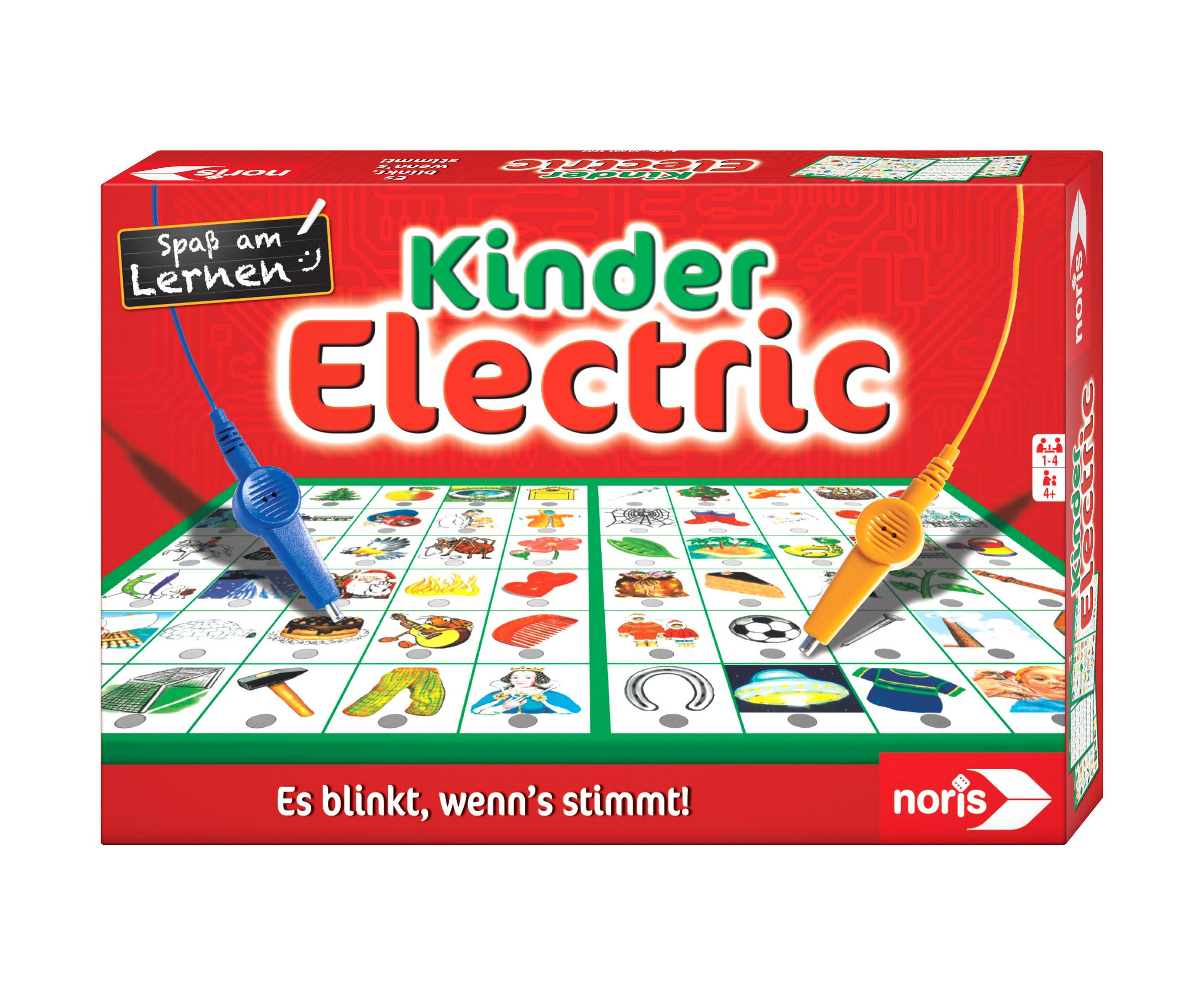 Kinder Electric Spielbox mit einem Spielbrett, Anschlussdrähten und Illustrationen.