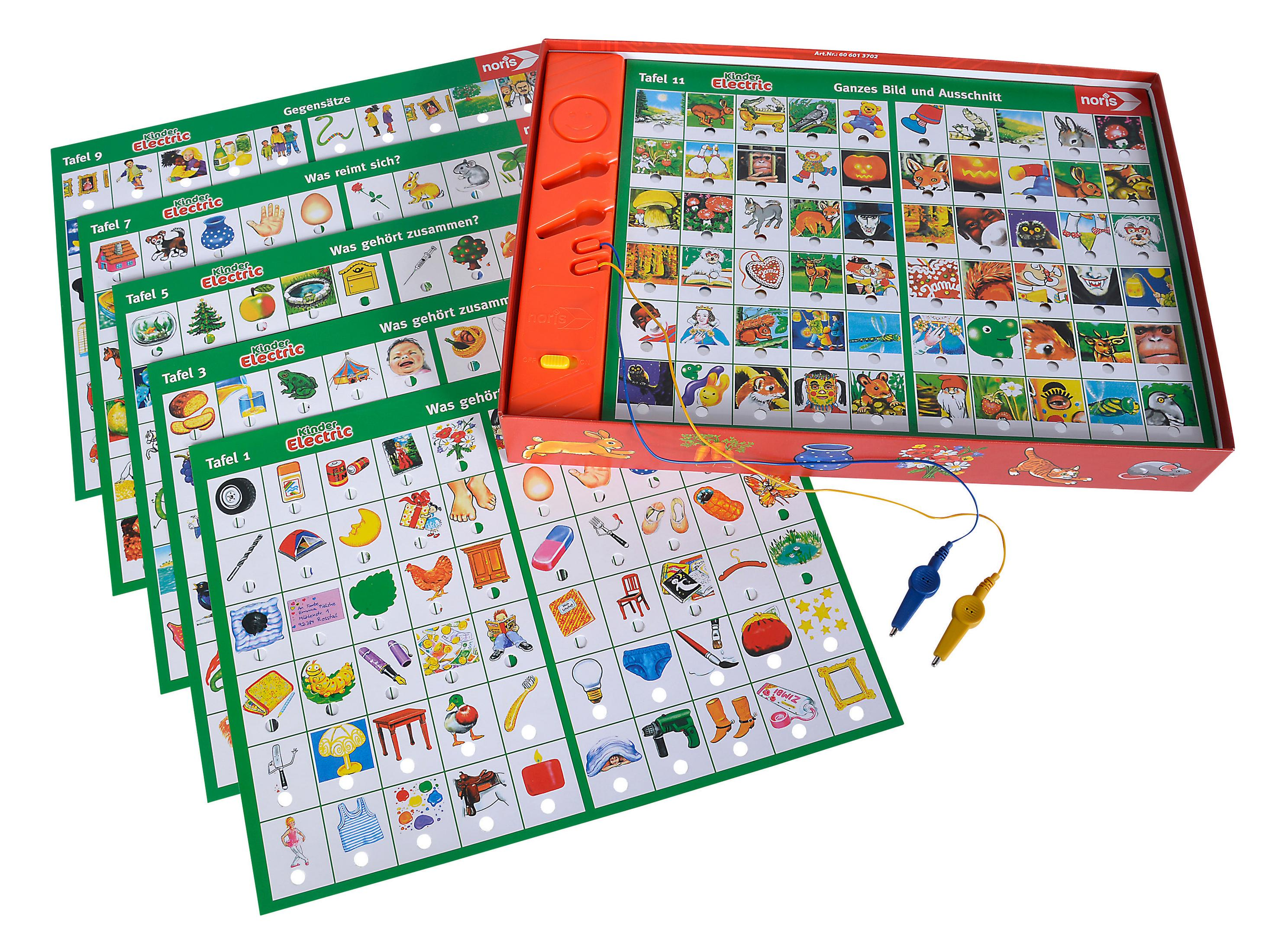 Lernspiel mit Karten, roter Tafel und Anschlussdrähten mit Steckern.