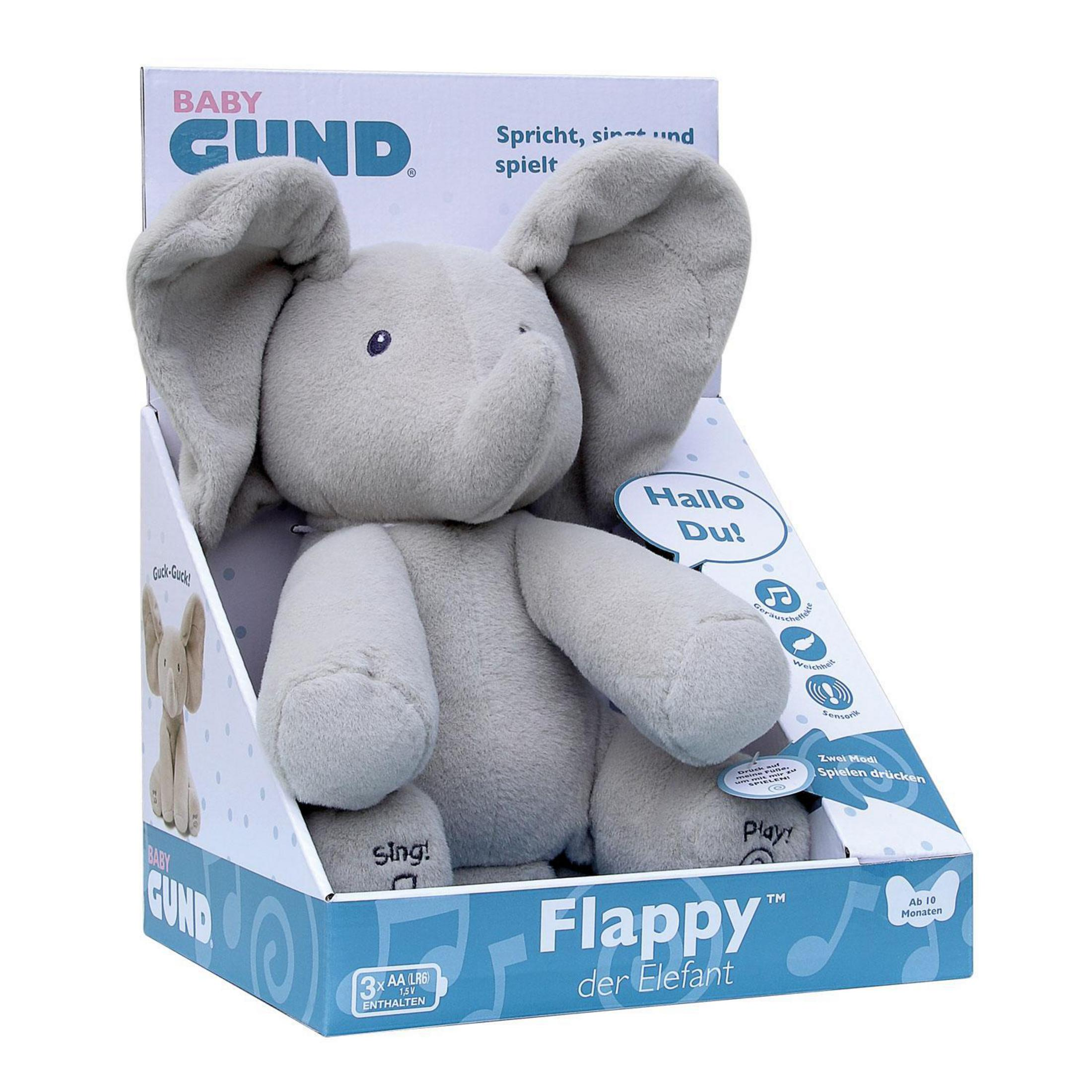 Baby Gund Elefanten-Plüschtier in einer Box. Der Elefant ist grau, die Box hat blaue und weiße Farben.