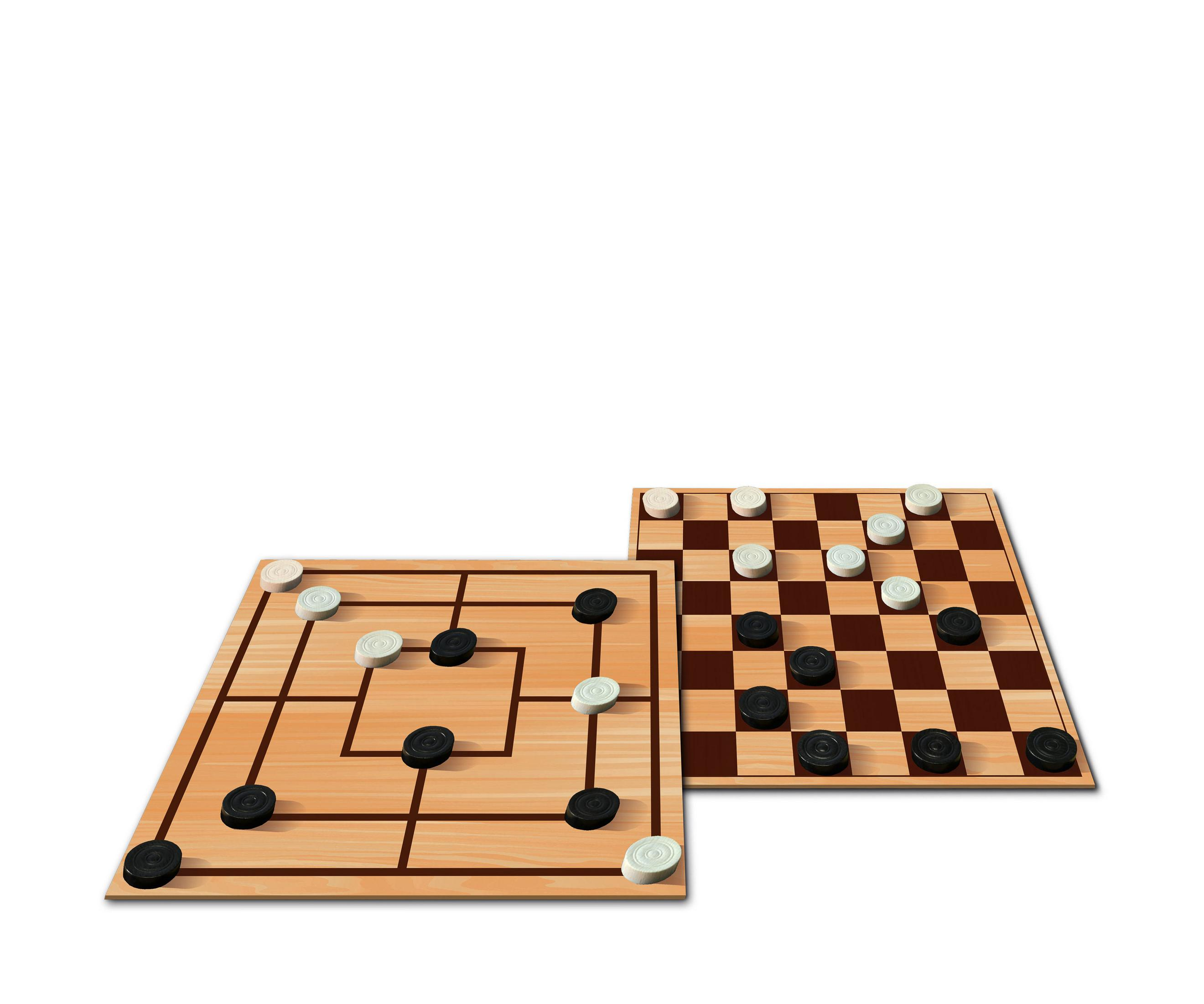 Zwei Spielbretter mit schwarzen und weißen Spielfiguren auf weißem Hintergrund.