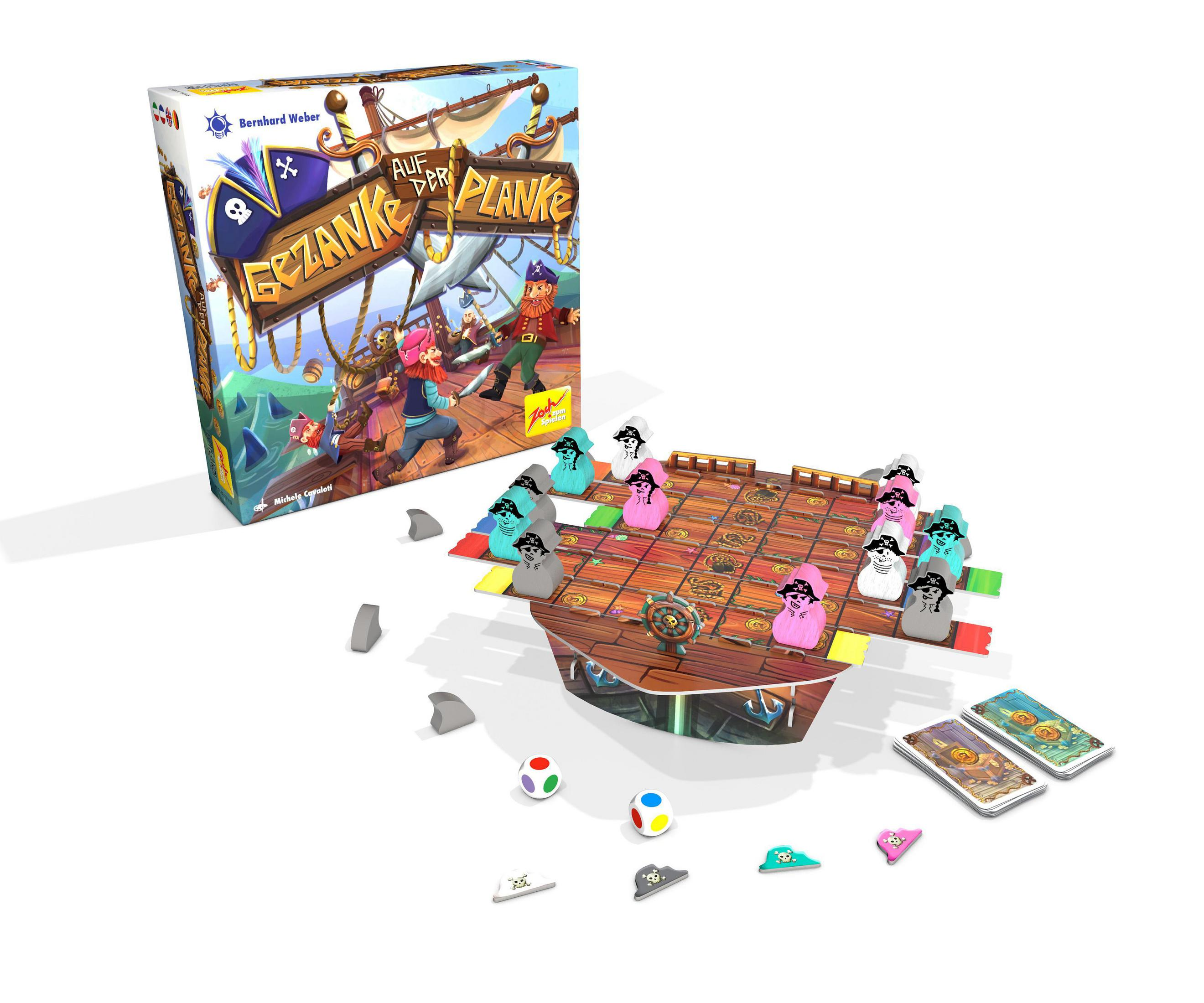 Ein Brettspiel namens 'Auf der Planke' mit Piraten-Thema und bunten Komponenten.
