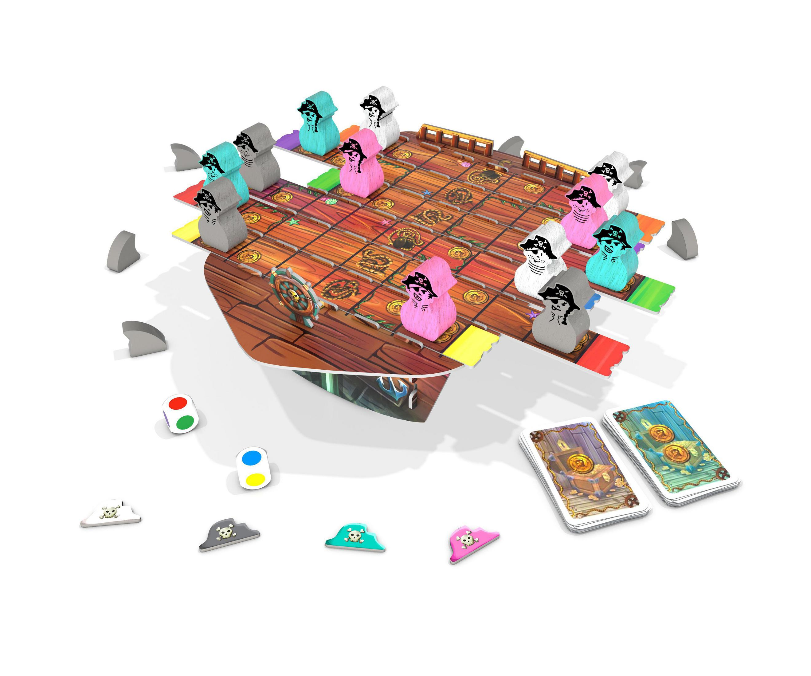 Ein Piraten-Brettspiel mit bunten Piratenfiguren, Würfeln, Karten und Spielsteinen auf weißem Hintergrund.