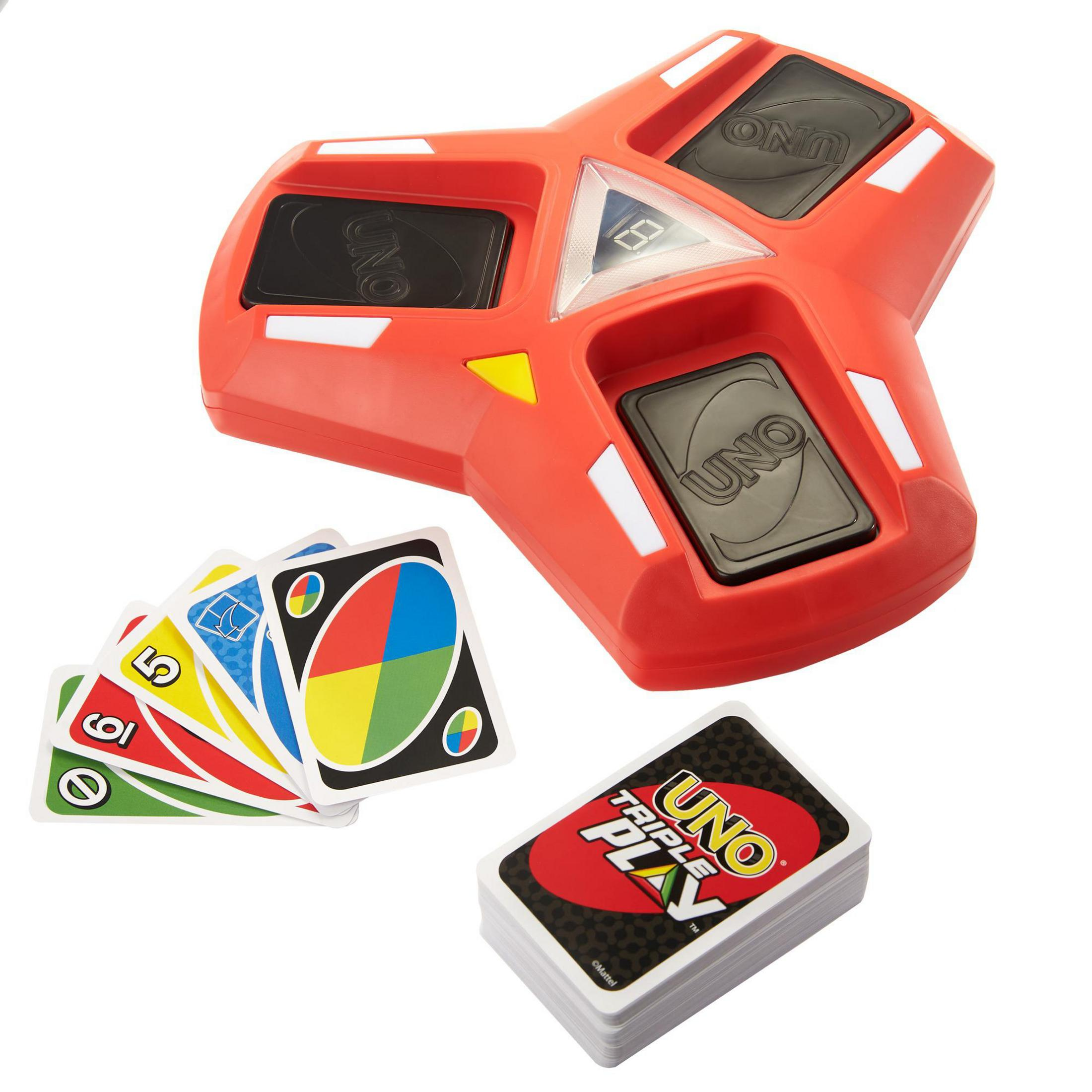 Uno Triple Play Spiel mit Karten und einem roten Spielgerät.