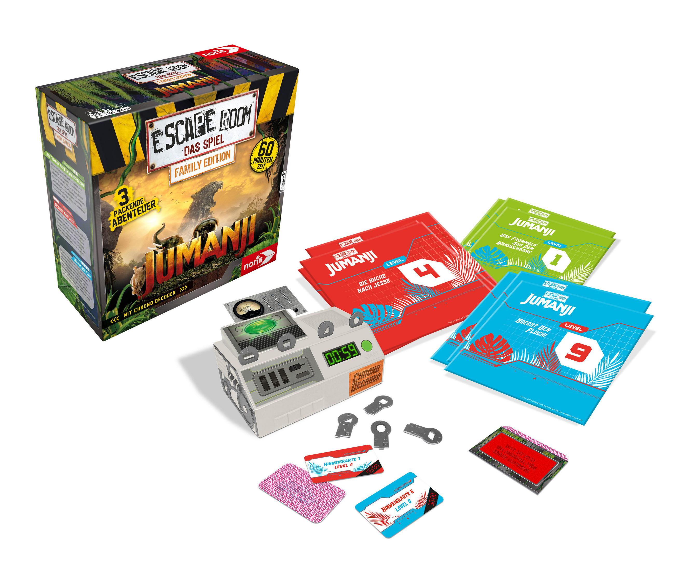 Escape Room Brettspielbox mit Timer und Karten. Jumanji-Thema, mit Abenteuer-Elementen.