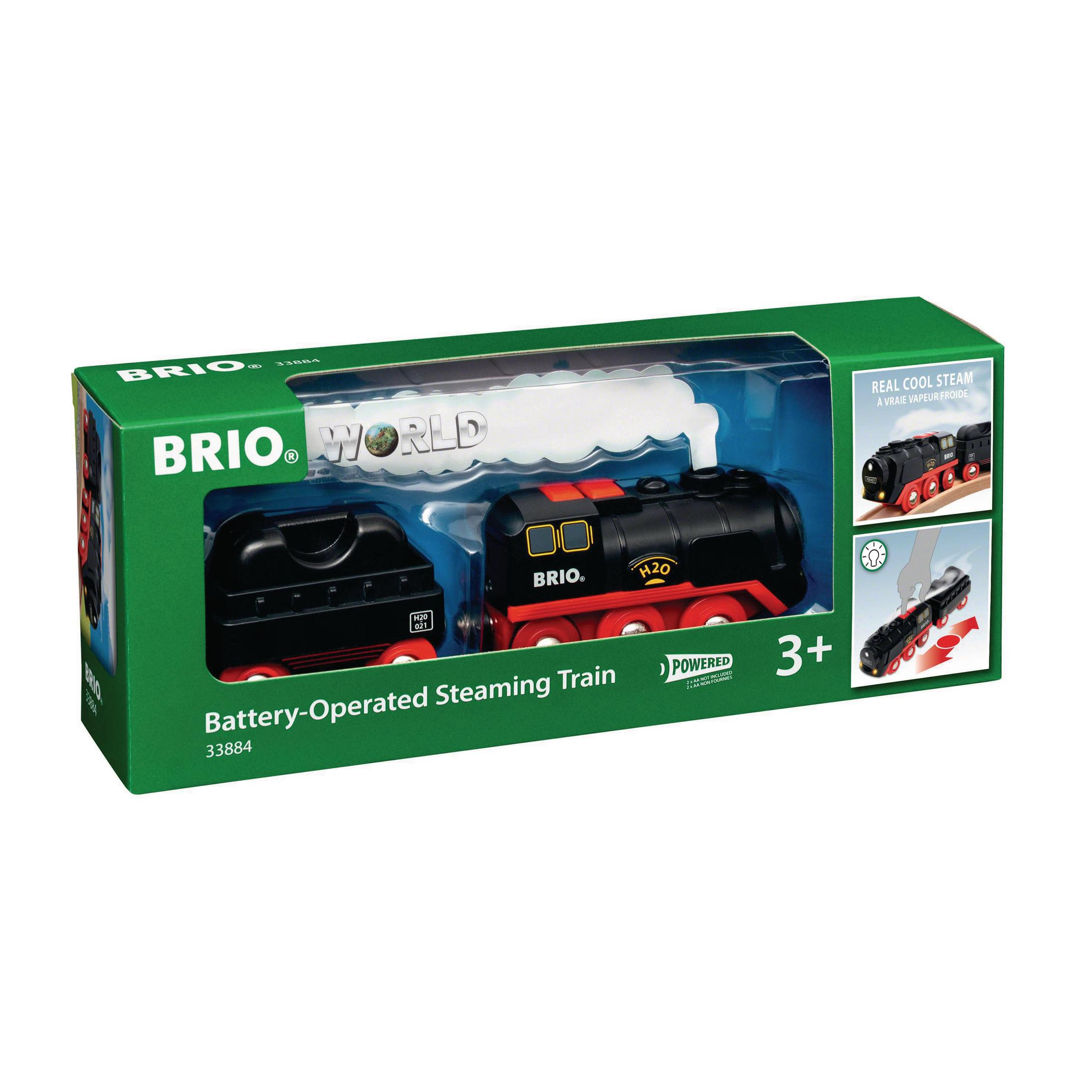 Box-Set eines batteriebetriebenen Dampfzug-Spielzeugs mit einer Dampfwolke.