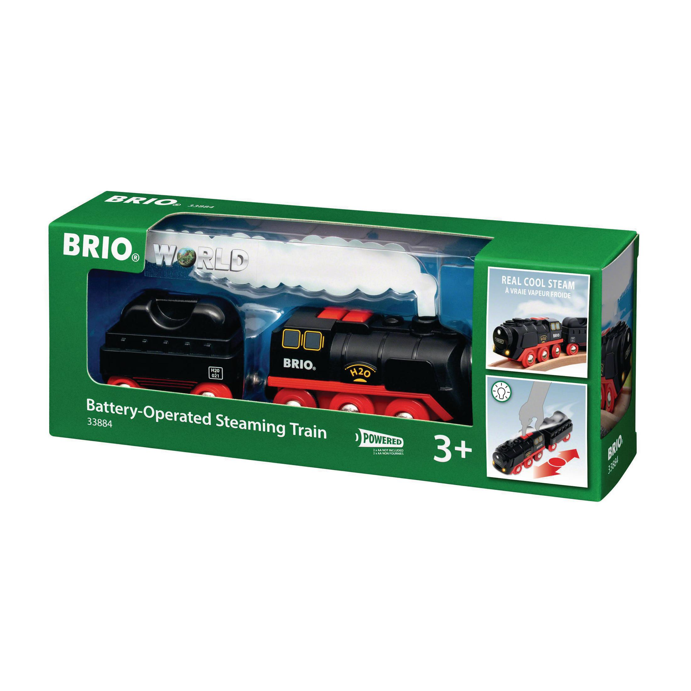 Box-Set eines batteriebetriebenen Dampfzug-Spielzeugs mit einer Dampfwolke.